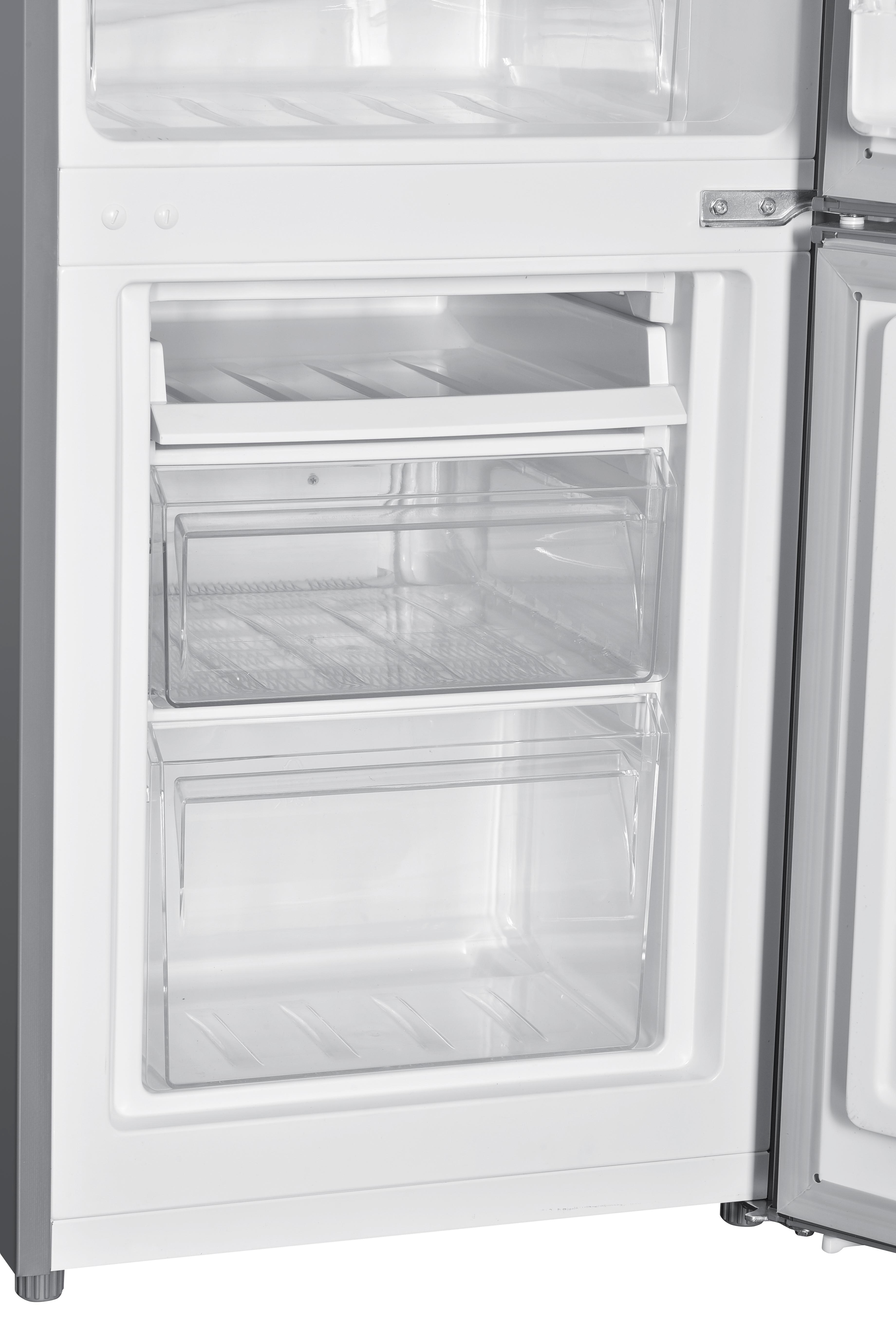 Ein Kühlschrankinnenraum mit transparenten Schubladen. Die obere Schublade ist ein Regal, die unteren beiden sind Schubladen.