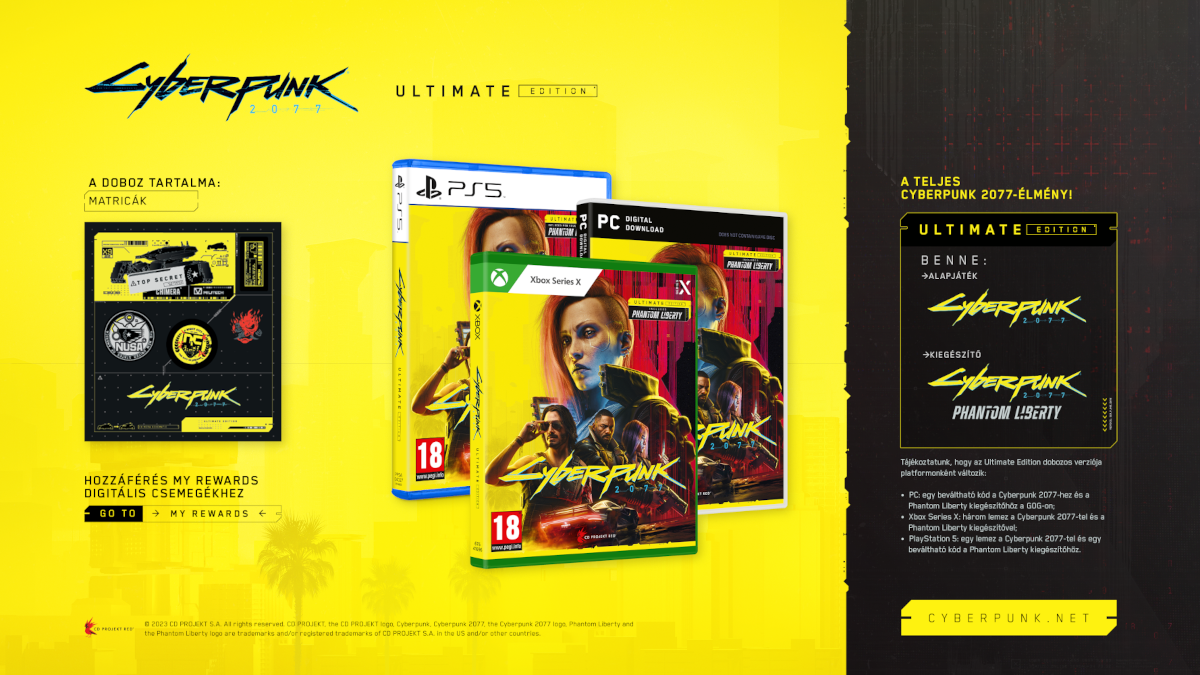 Cyberpunk 2077 Ultimate Edition játékdobozok. Sárga-fekete háttéren jelenítve meg.