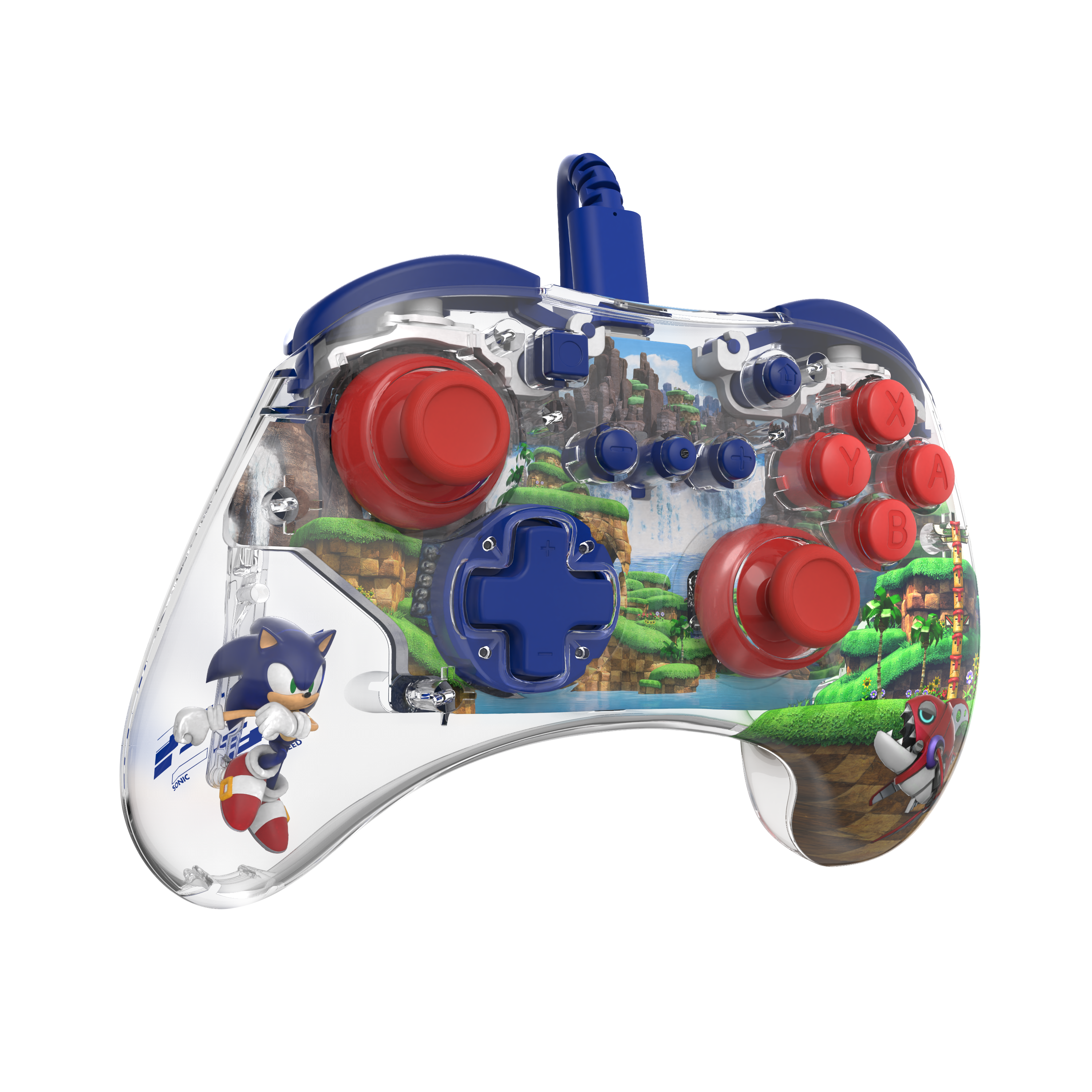 Transparenter Controller mit Sonic the Hedgehog-Design. Rote und blaue Knöpfe, D-Pad und Hintergrund.