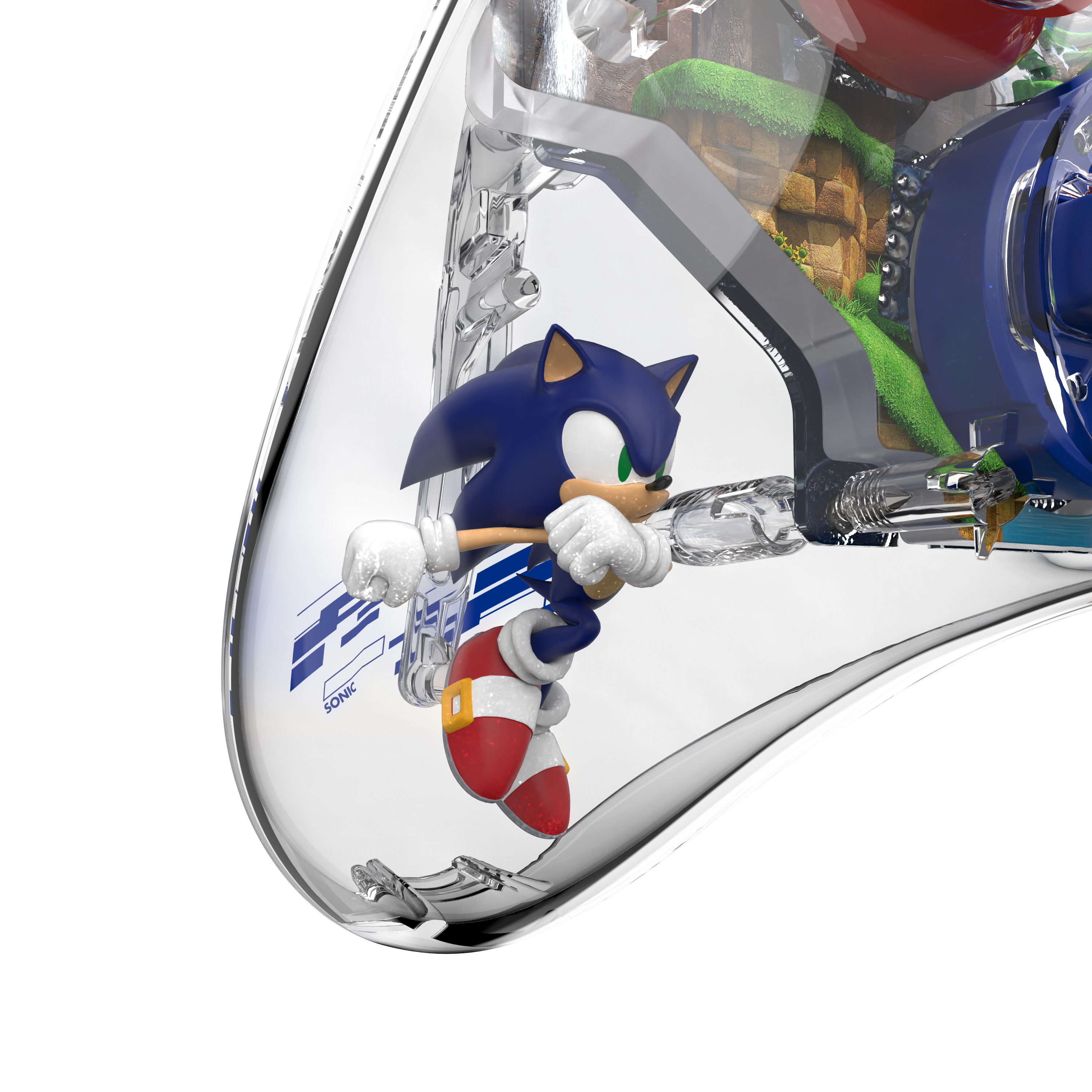 Transparenter Gamecontroller mit Sonic the Hedgehog-Figur. Schwarzer Hintergrund mit Spiellevel.