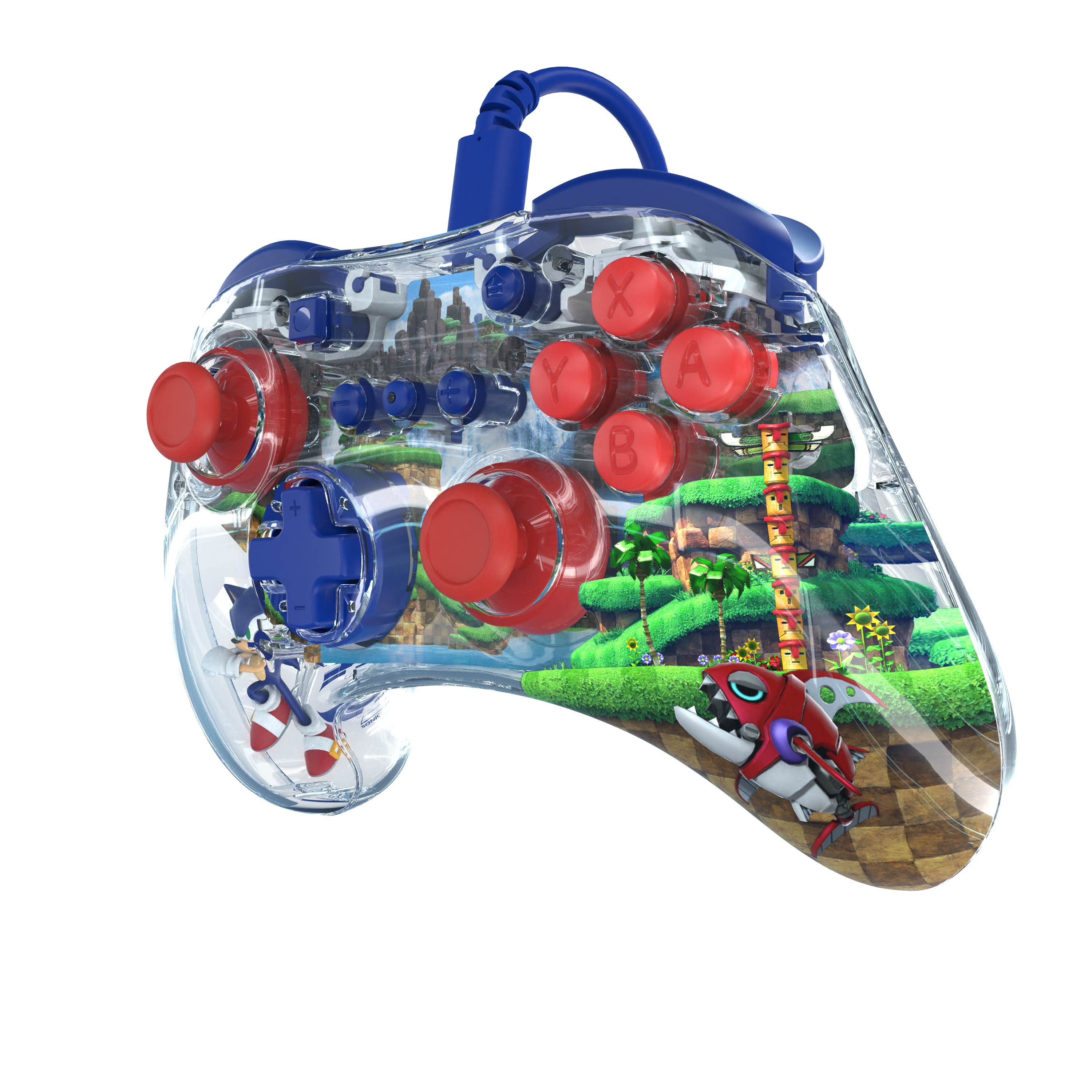 Transparenter Gamecontroller mit Sonic the Hedgehog Design im Inneren.
