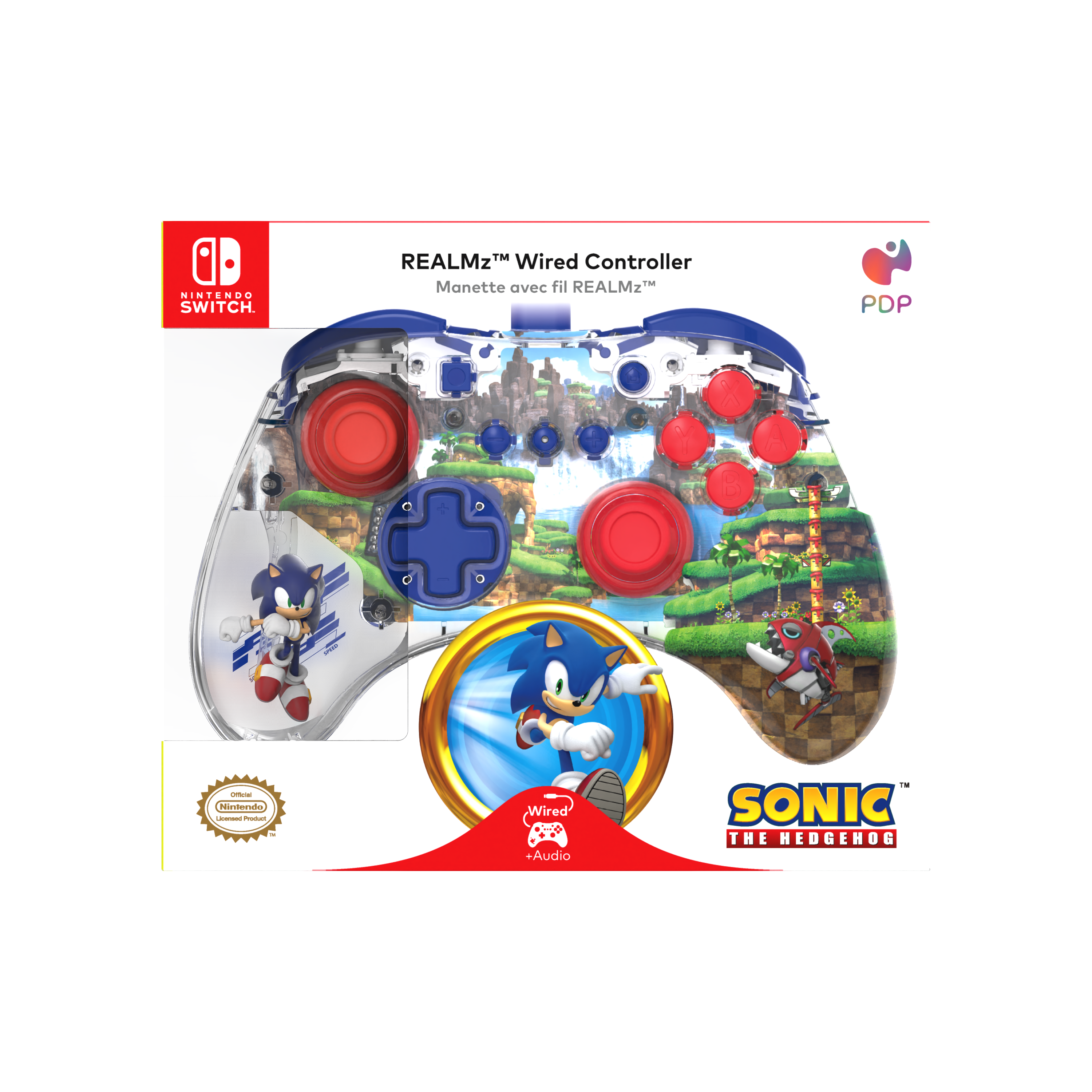 Sonic the Hedgehog kabelgebundener Controller. Transparentes Design mit roten und blauen Knöpfen.