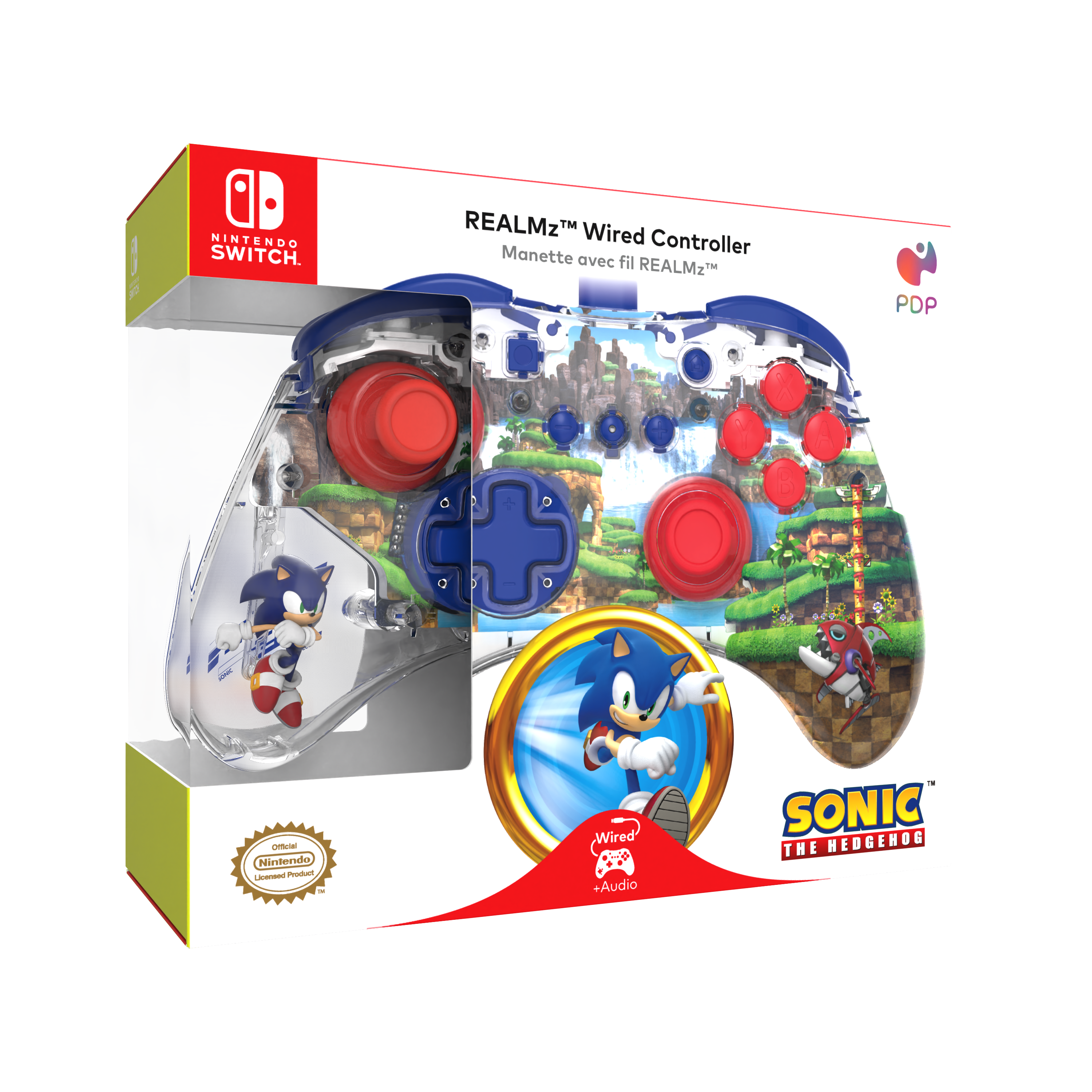 Ein Nintendo Switch Controller in einer Box. Der Controller ist transparent mit roten und blauen Akzenten.