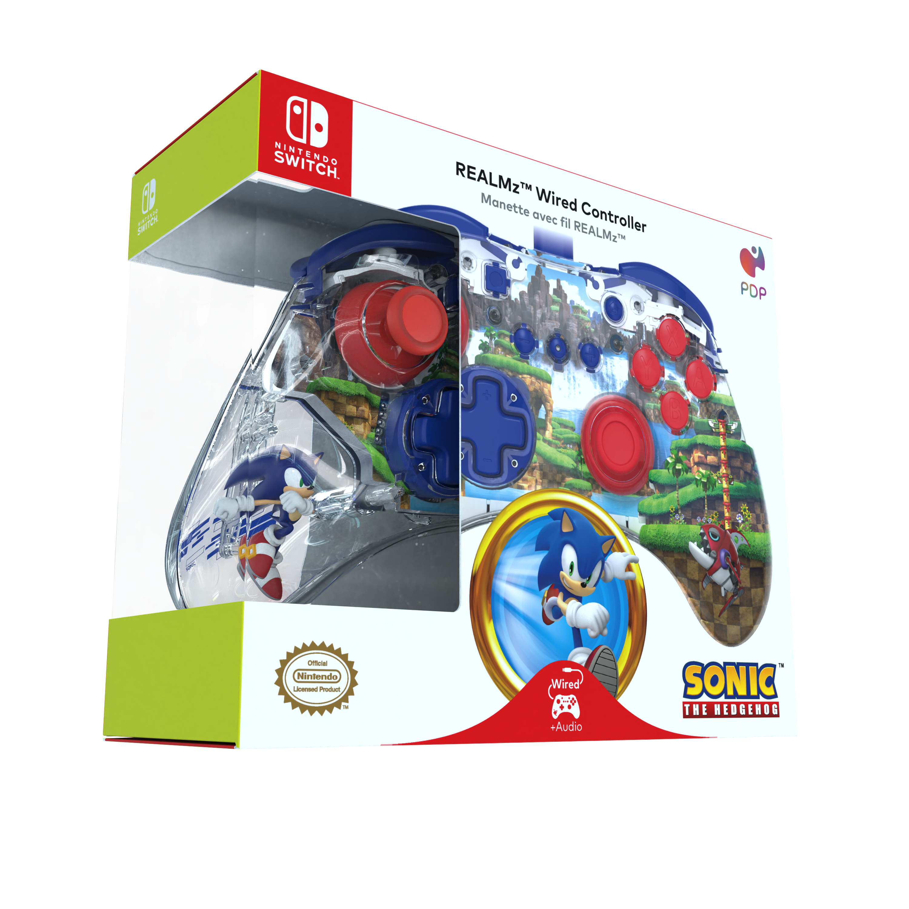 Ein Videospiel-Controller in einer Box. Durchsichtiger Kunststoff zeigt einen blauen Controller mit Sonic-Design.