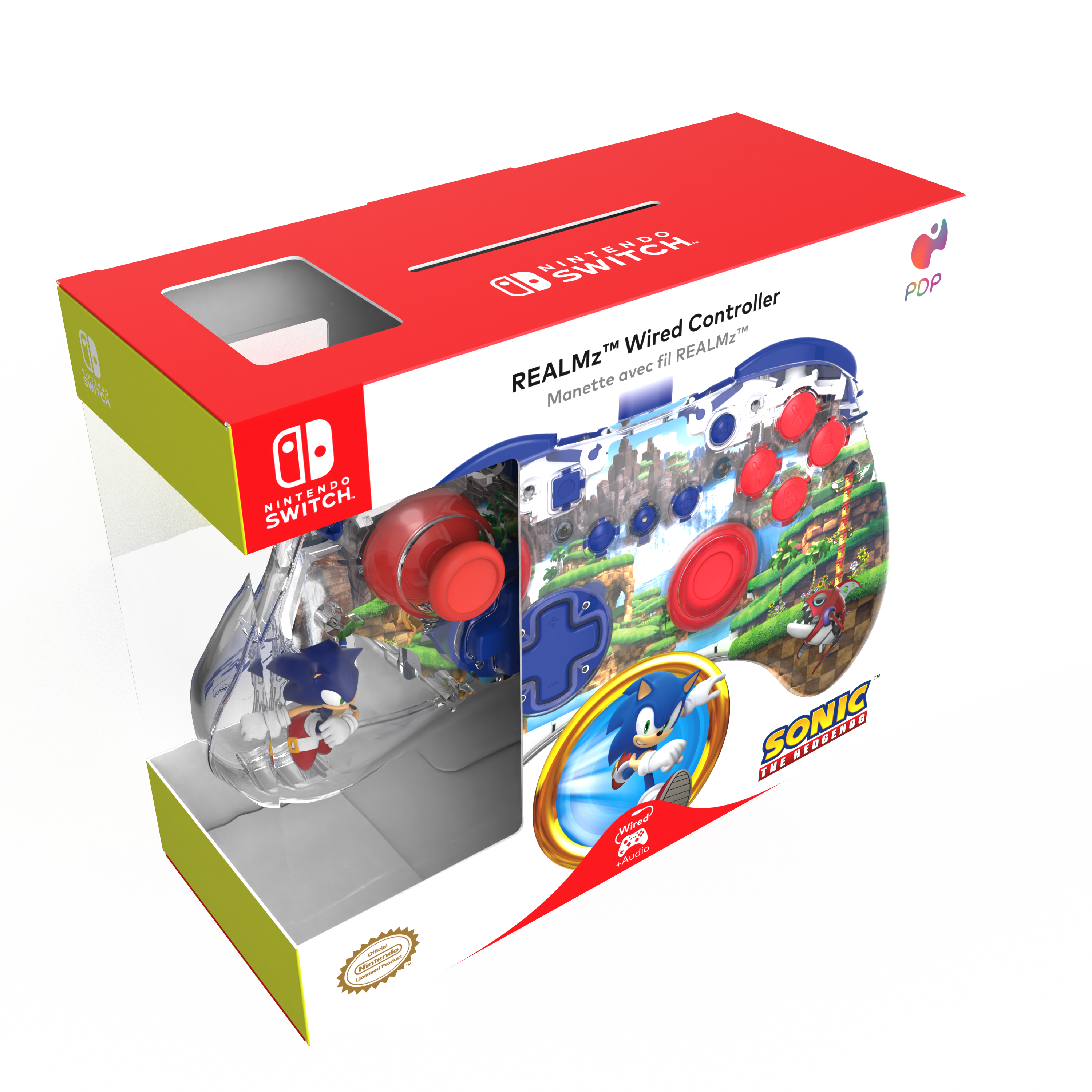 Nintendo Switch Controller-Box. Rote und weiße Box, Controller mit Sonic-Design.