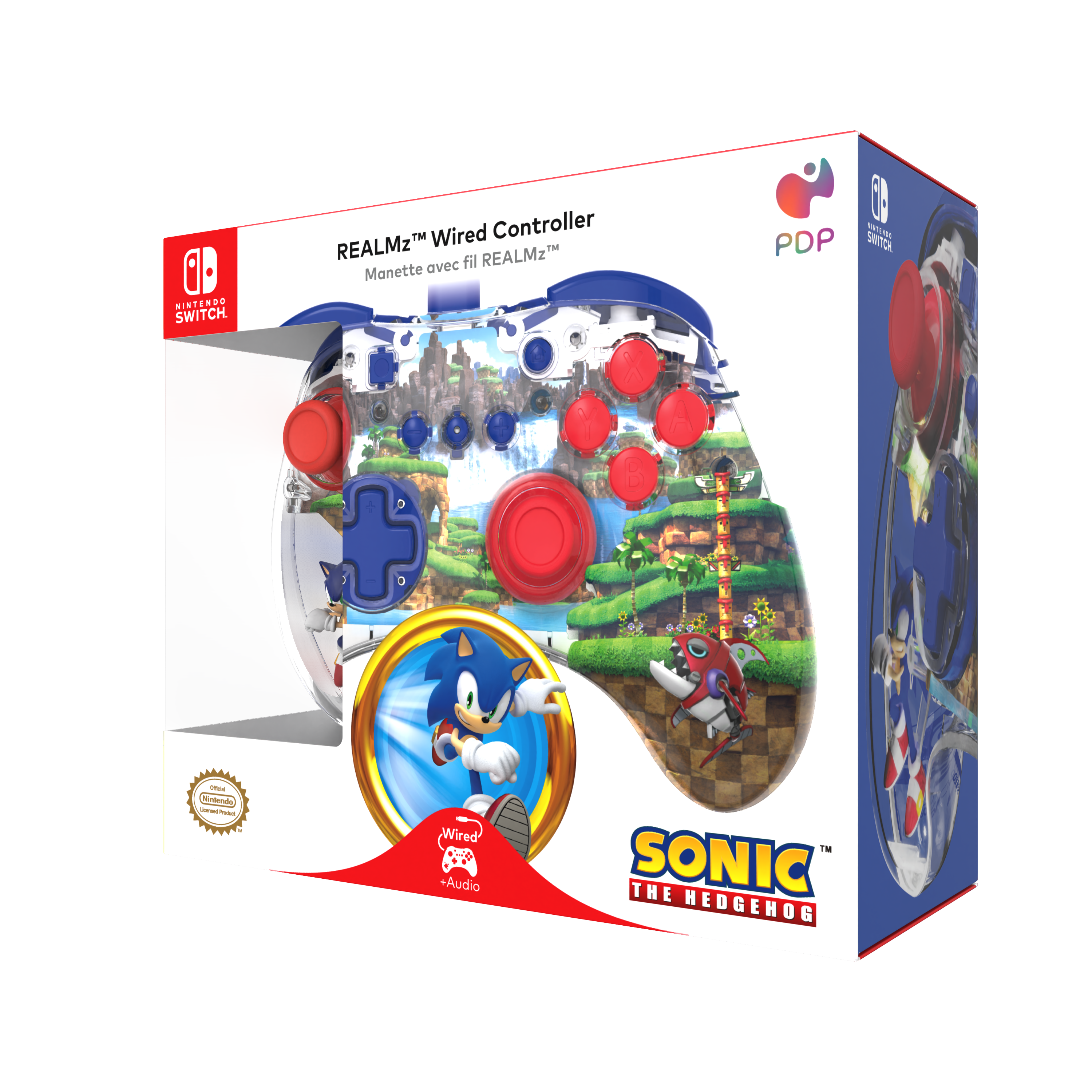 Sonic the Hedgehog Switch-Controller in einer Box, mit blauen und roten Knöpfen.