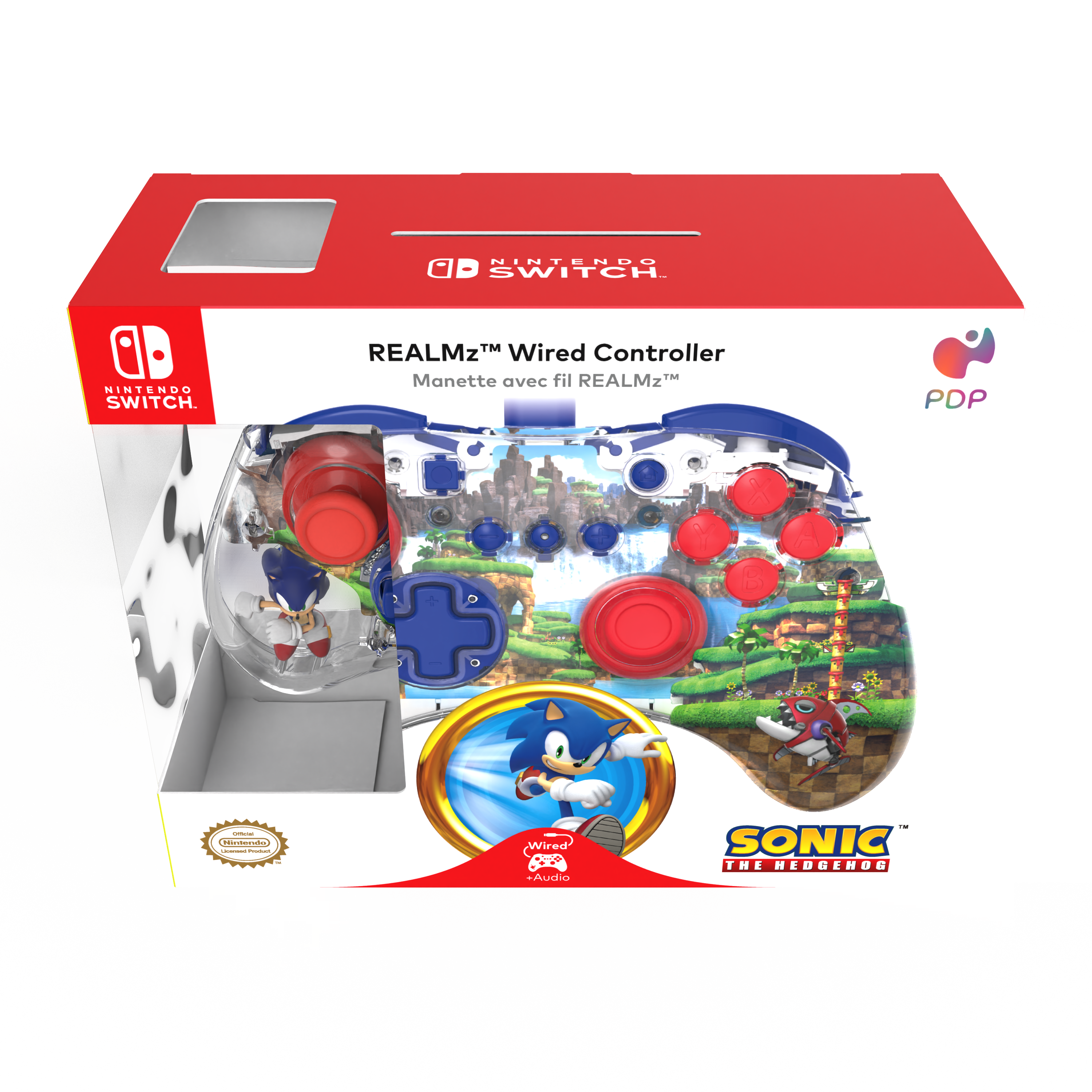 Eine rot-weiße Nintendo Switch-Box mit einem Controller darin. Der Controller hat Sonic the Hedgehog-Grafiken.