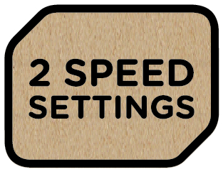 Ein beiges Etikett mit schwarzem Text: '2 SPEED SETTINGS'.