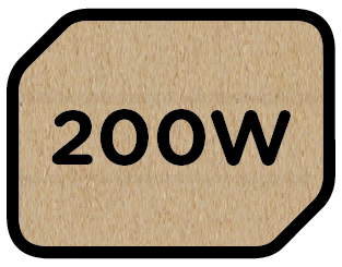 Ein braunes Etikett mit der Aufschrift '200W' in schwarzem Text auf weißem Hintergrund.