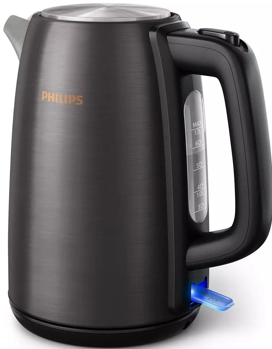 Czarny czajnik elektryczny Philips z uchwytem, wskaźnikiem poziomu wody i niebieskim przyciskiem zasilania.