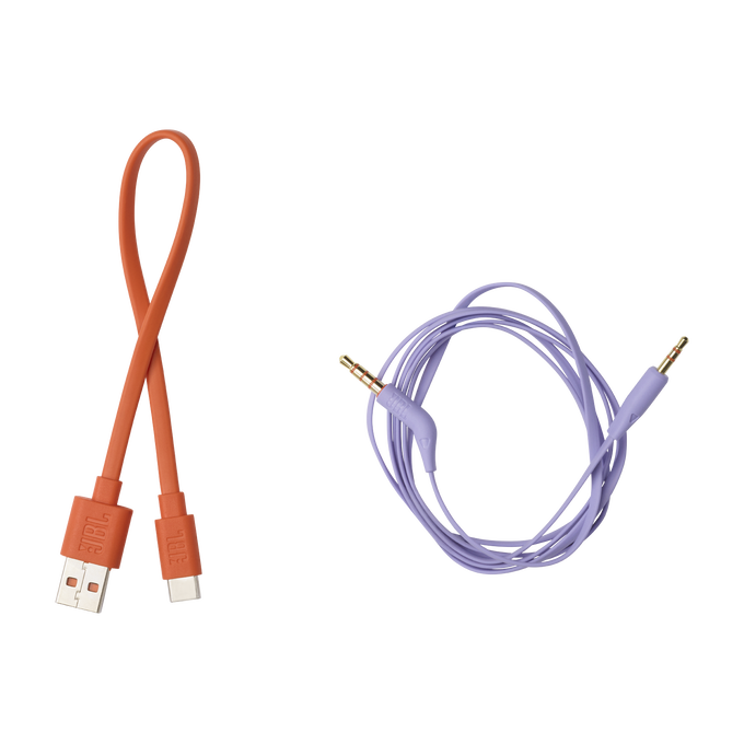 Dos cables: un cable USB naranja y un cable de audio morado con conectores dorados, sobre fondo blanco.