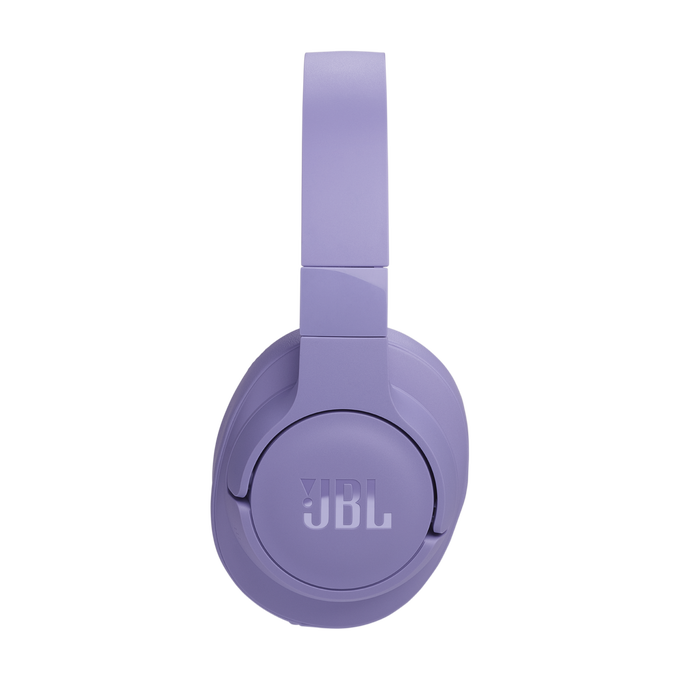 Auriculares JBL morados, vistos de frente, con el logo de la marca en el centro.
