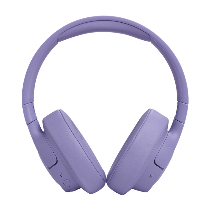 Auriculares inalámbricos morados, vista superior, aislados en negro.