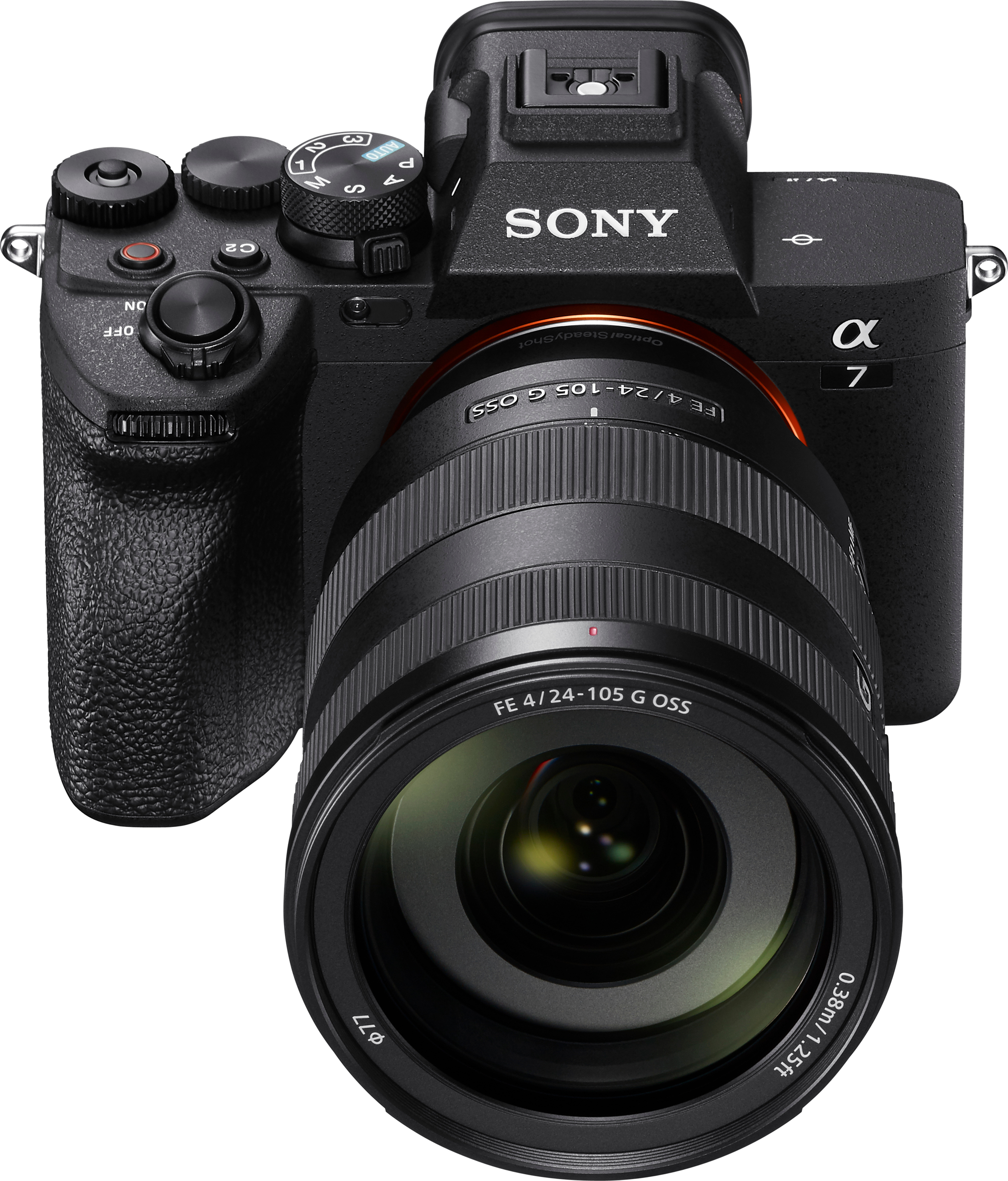 Una fotocamera Sony Alpha 7 nera con un obiettivo collegato, rivolta in avanti.