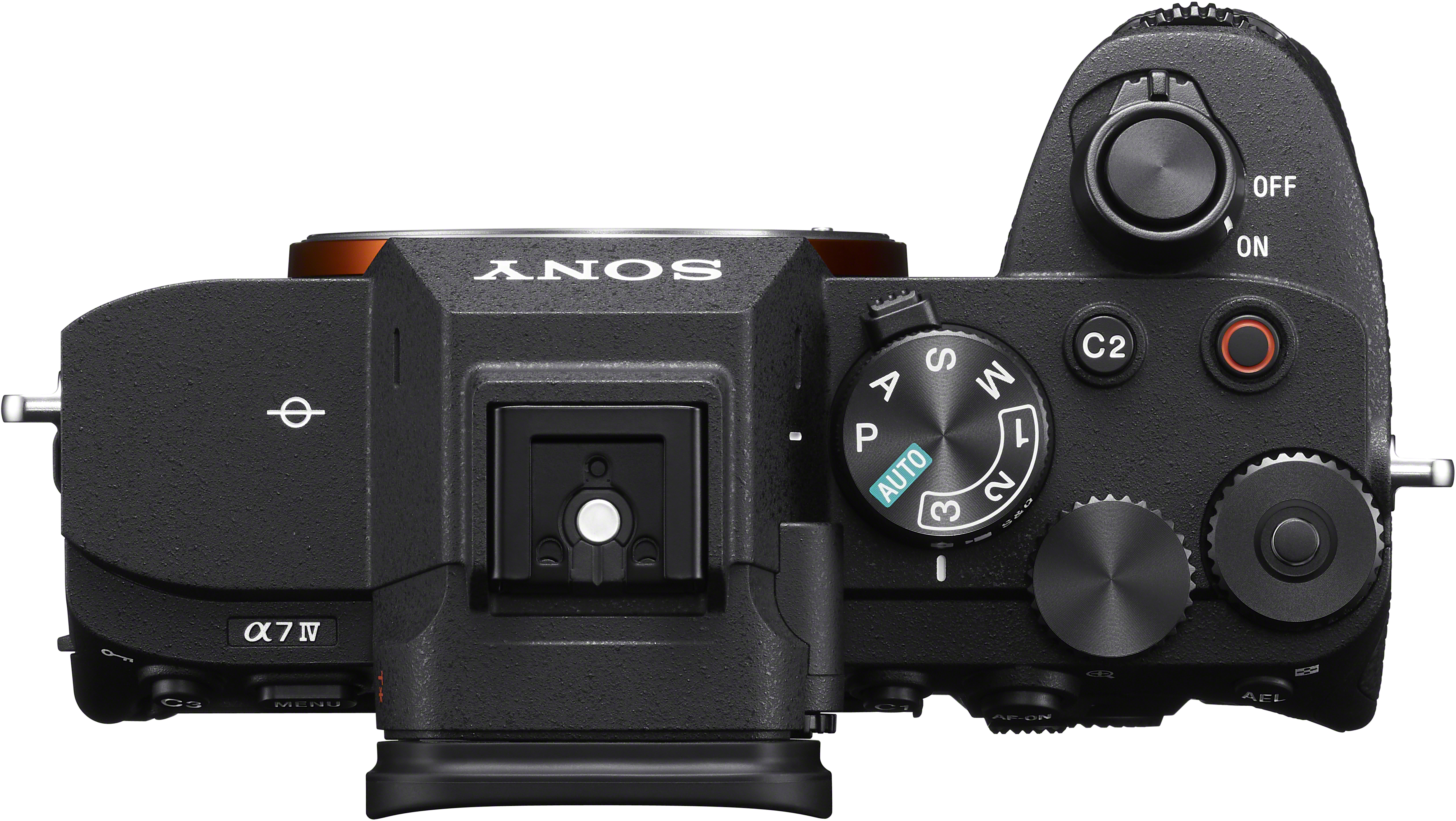 La parte superiore di una fotocamera Sony Alpha 7 IV. Mostra pulsanti, quadranti e una slitta.