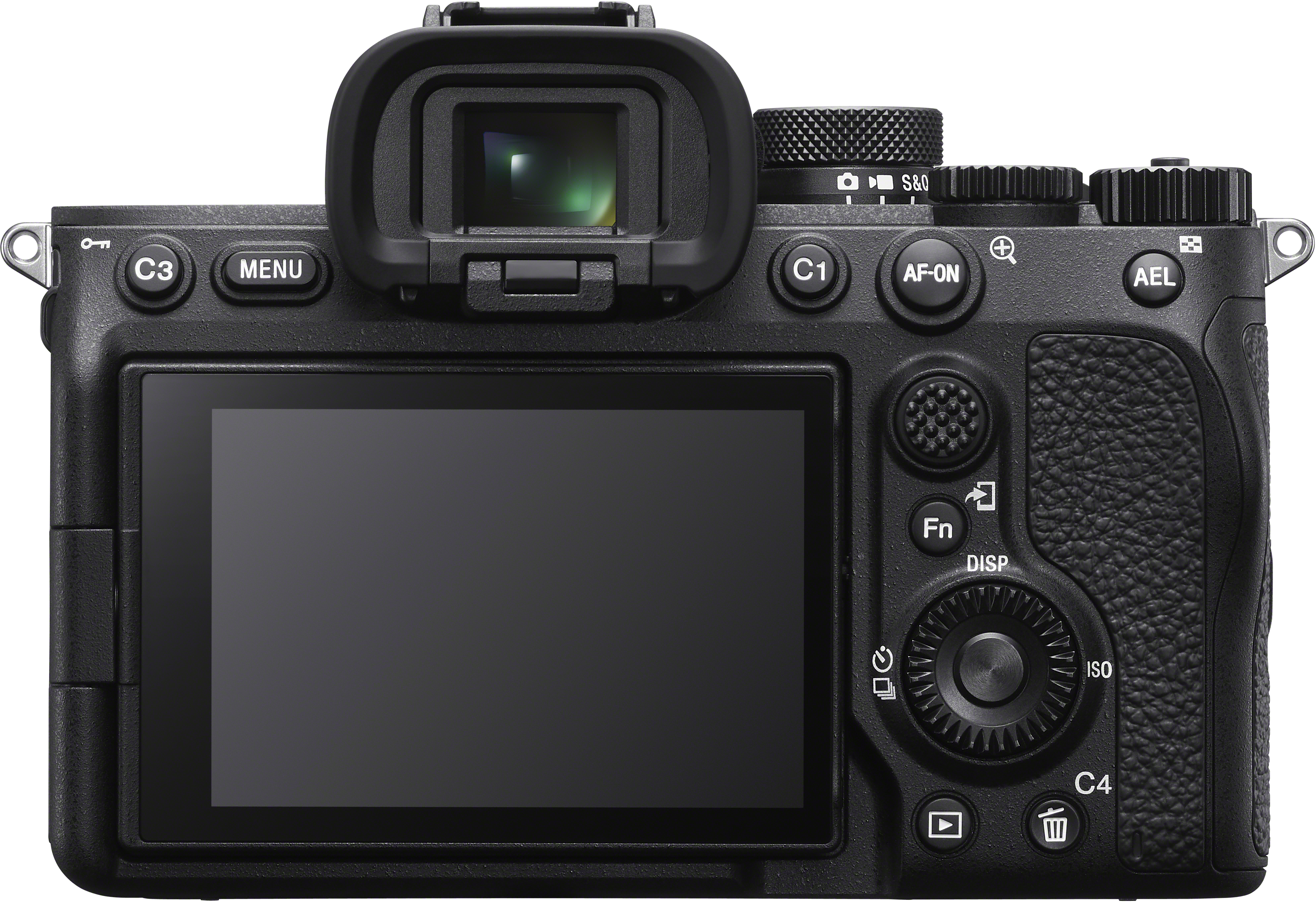 Vista posteriore della fotocamera nera con pulsanti e schermo.
