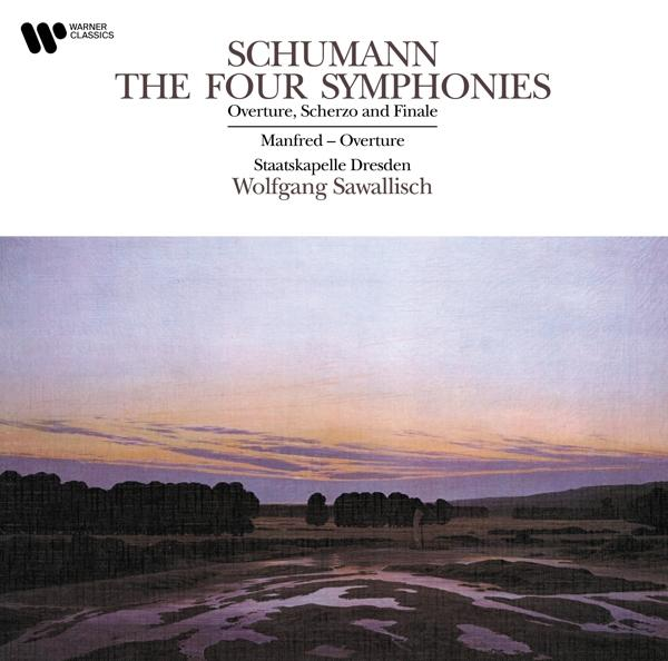 Schumanns vier Symphonien Cover mit Landschaft bei Sonnenuntergang.