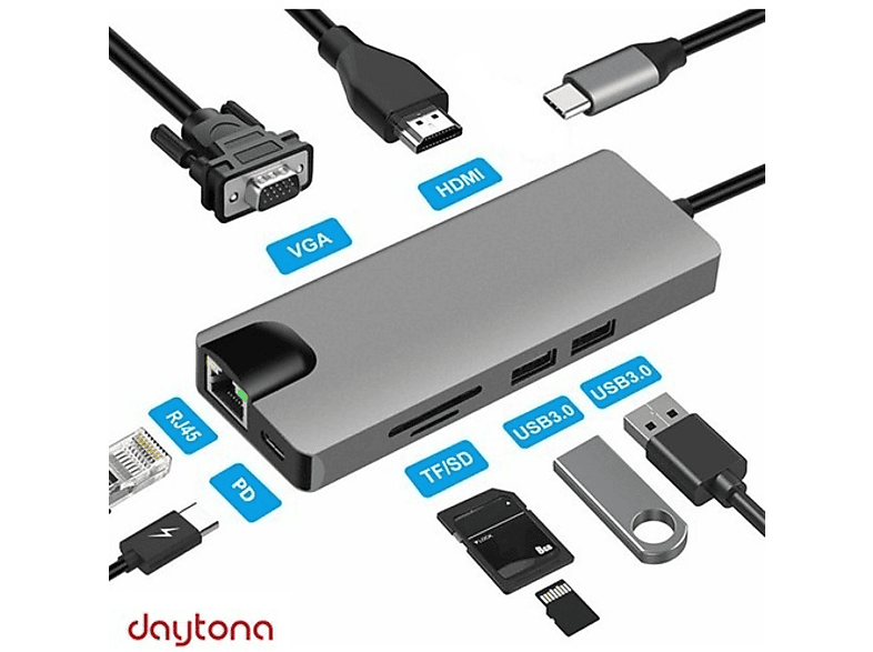 DAYTONA Fix FC09 8 in 1 Type-C to 2 Port USB TF SD RJ45 HDMI PD VGA Adaptör Gümüş_1