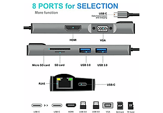 DAYTONA Fix FC09 8 in 1 Type-C to 2 Port USB TF SD RJ45 HDMI PD VGA Adaptör Gümüş_2