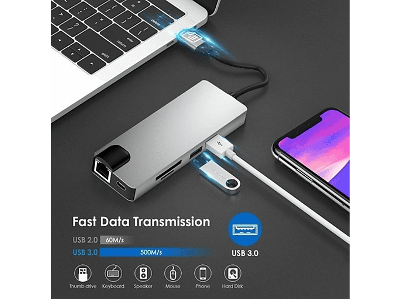 DAYTONA Fix FC09 8 in 1 Type-C to 2 Port USB TF SD RJ45 HDMI PD VGA Adaptör Gümüş_3