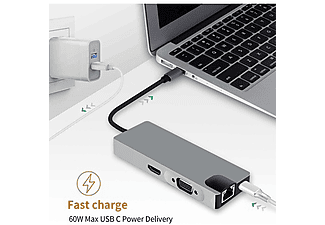 DAYTONA Fix FC09 8 in 1 Type-C to 2 Port USB TF SD RJ45 HDMI PD VGA Adaptör Gümüş_4