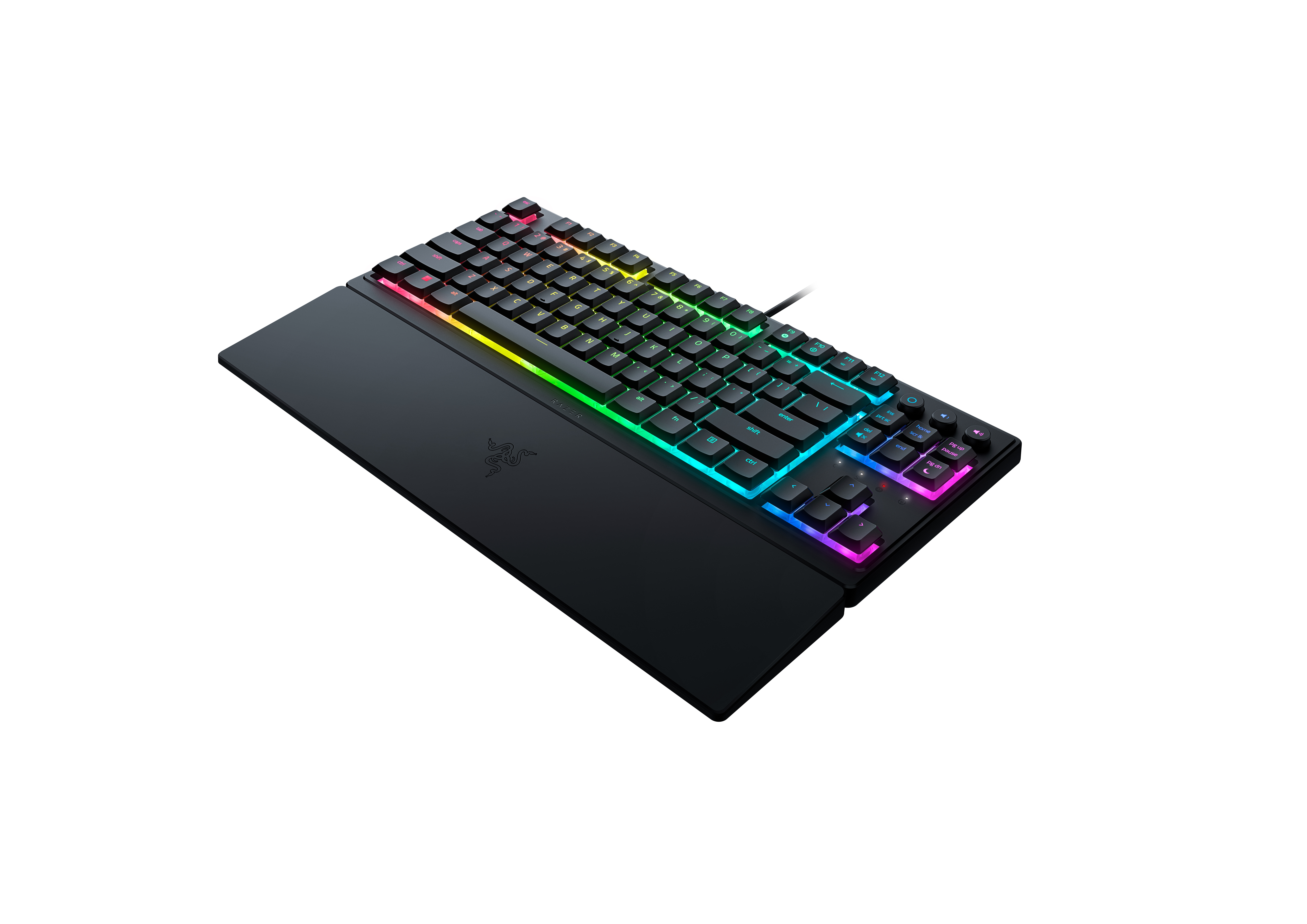 Tuşlarda renkli ışıklar ve bilek desteği olan siyah klavye.