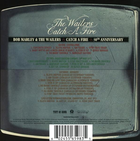 A Bob Marley & The Wailers 'Catch a Fire' albumjának hátulja, a számok listájával.