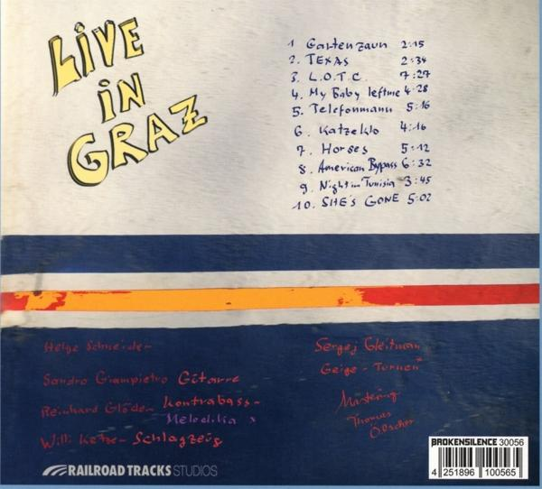 Albumcover von Live in Graz. Blaue und orangefarbene Streifen mit Songtiteln und Künstlernamen.