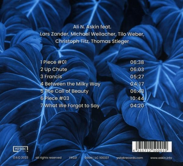 Rückseite einer Musik-CD mit blauen Blättern und Trackliste.