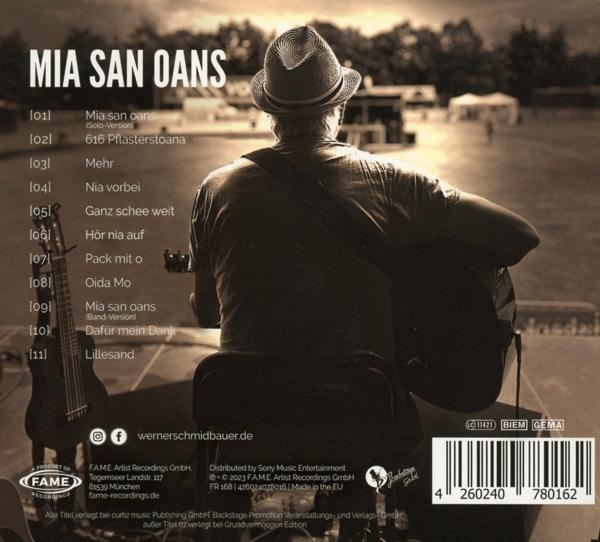 Rückseite des Mia San Oans Albums. Eine Person mit Gitarre und Text.