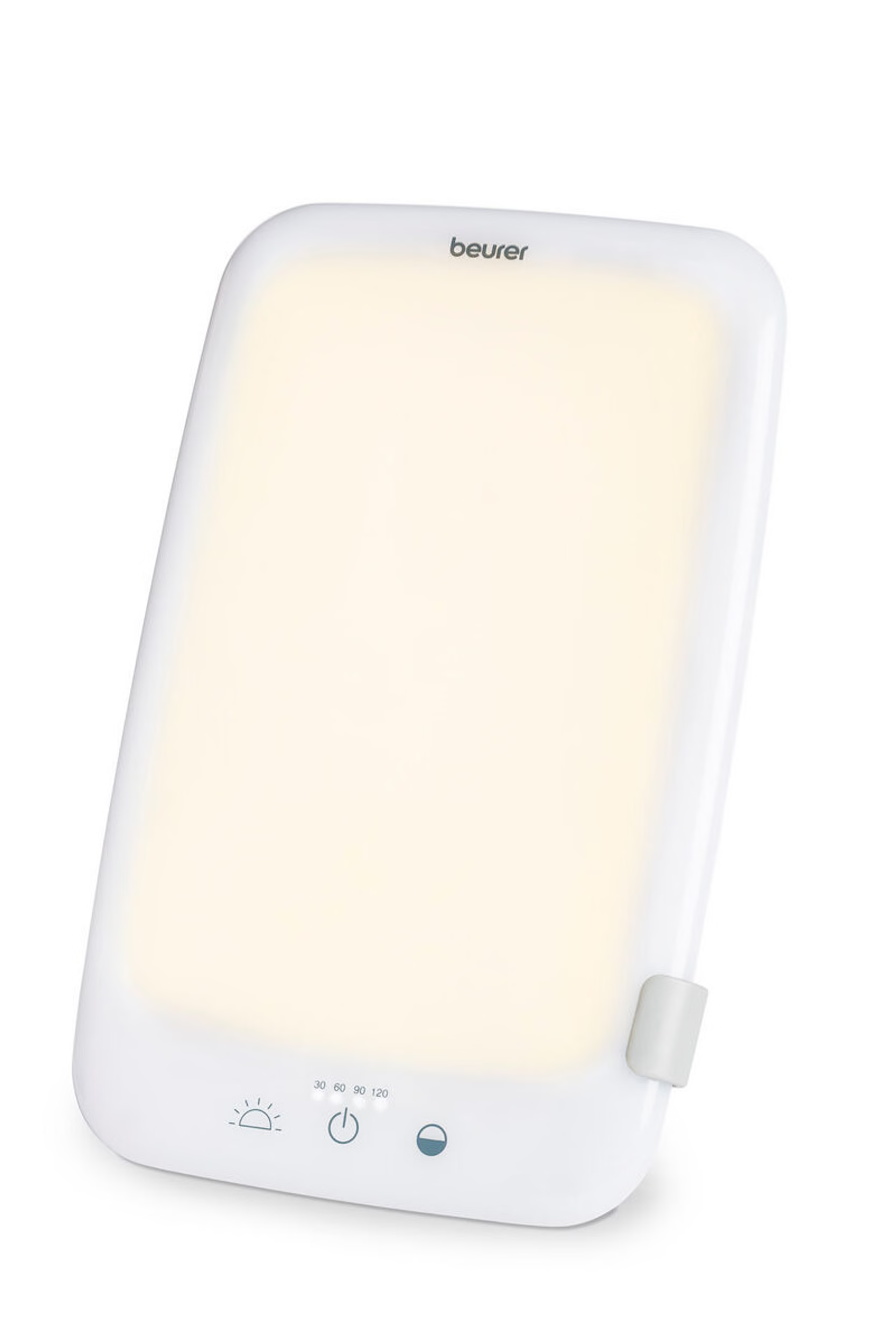 Lampe de luminothérapie Beurer blanche avec lumière allumée, montrant les commandes.