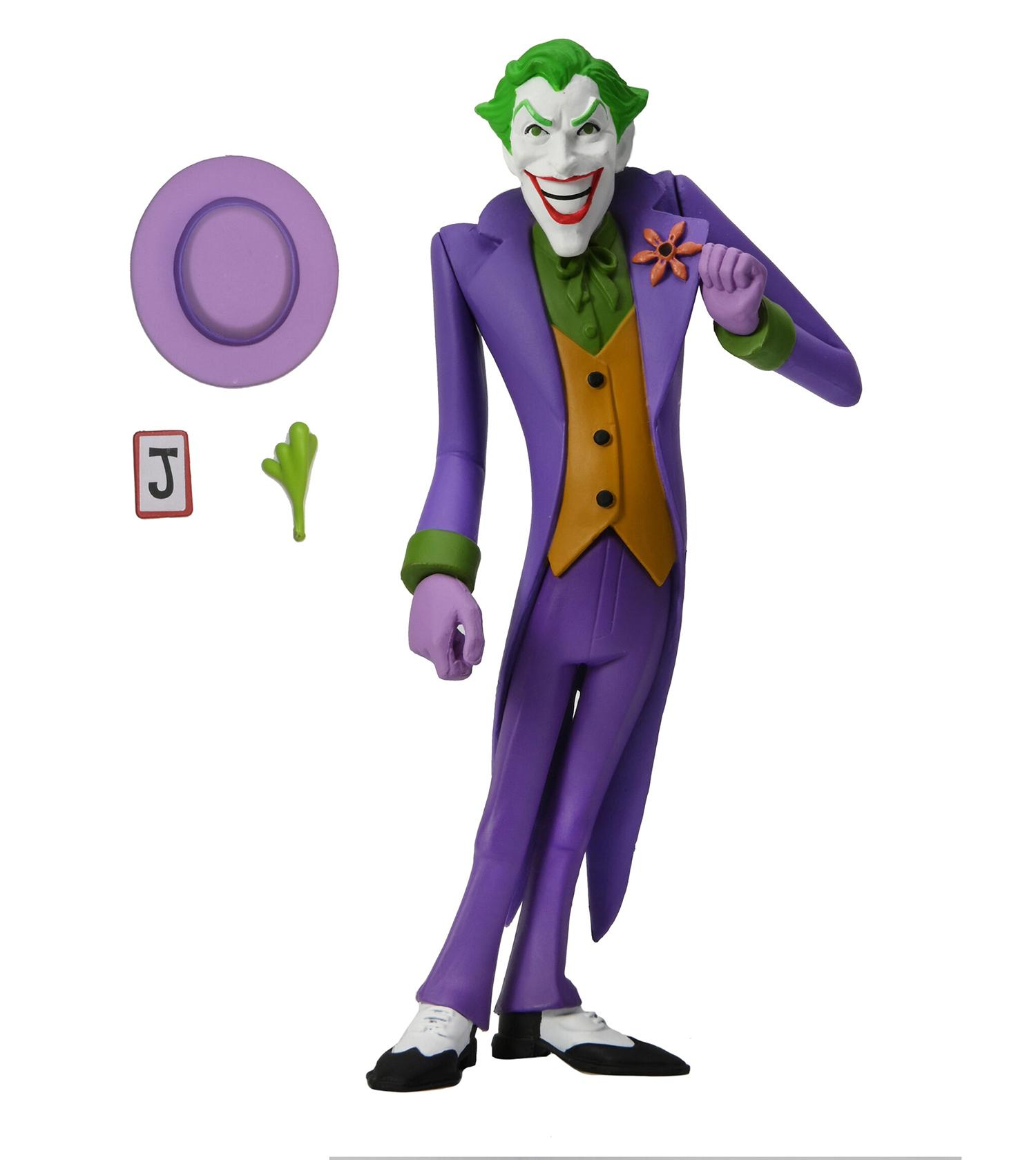 Eine Joker-Figur in einem lila Anzug, mit grüner Krawatte und einer Blume.