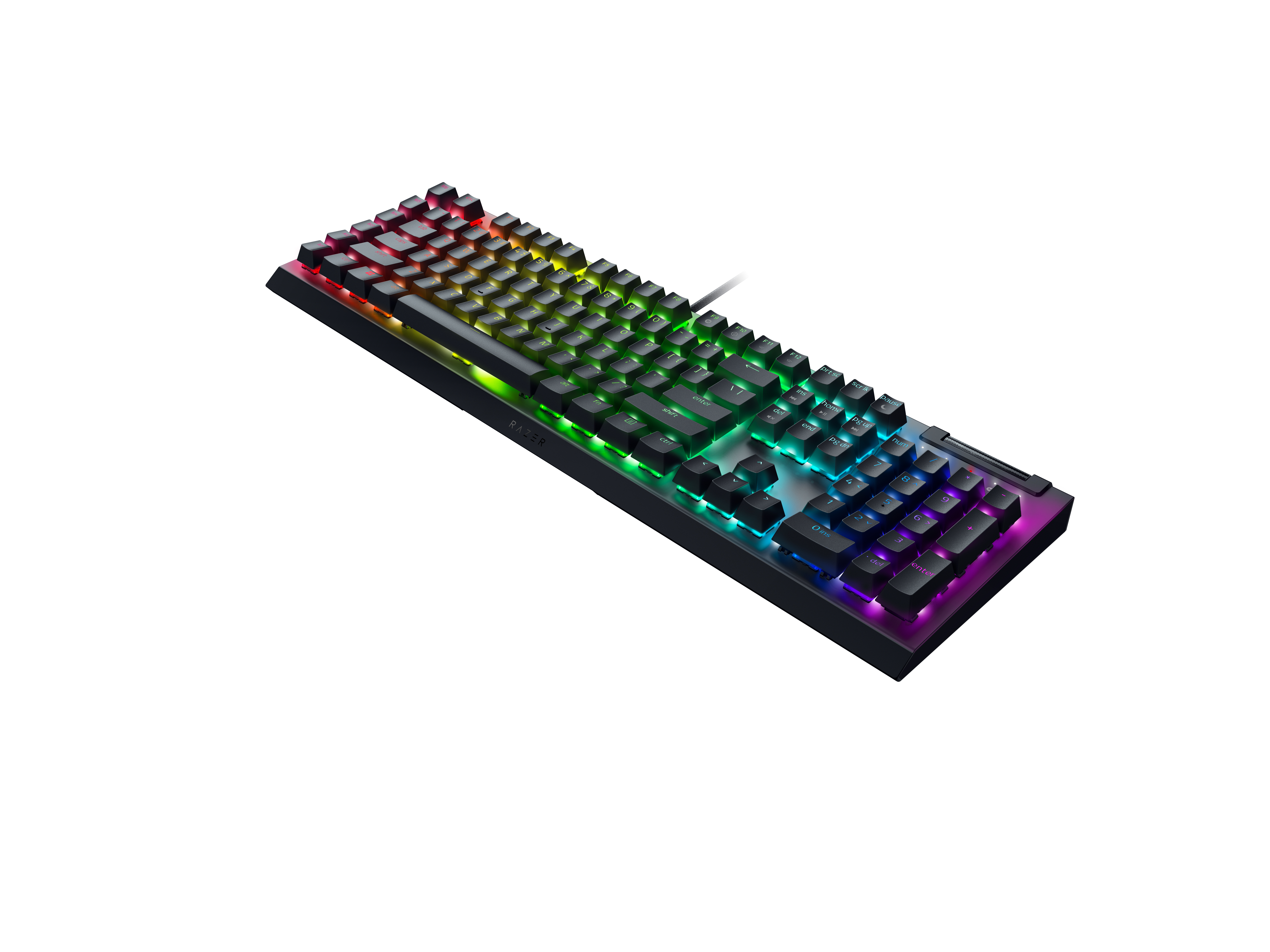 Gökkuşağı renkleriyle siyah, arkadan aydınlatmalı Razer klavye, beyaz yüzeyde.
