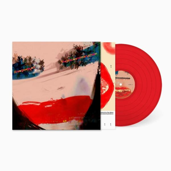 Rote Schallplatte mit Albumcover, das ein abstraktes Gesicht und Lippen zeigt.