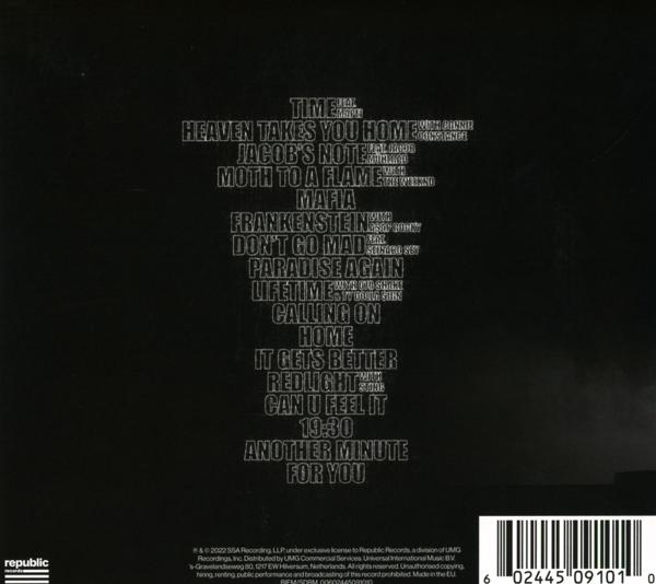 Schwarzes Albumcover mit weißem Text, der Songtitel auflistet. Unten Barcode und Republic Records Logo.