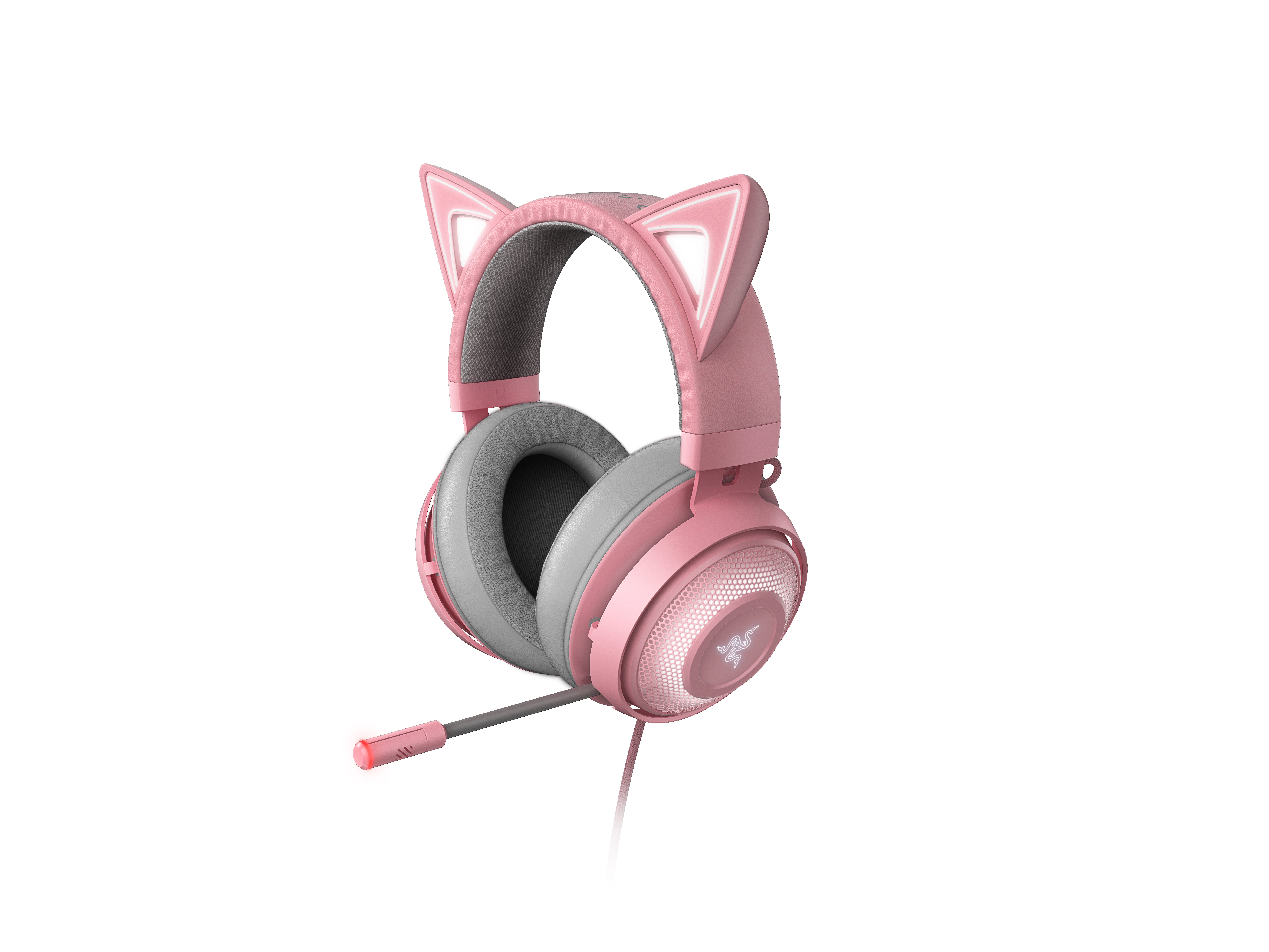 Pembe kedi kulaklıklı kulaklıklar ve mikrofon. Beyaz zemin.