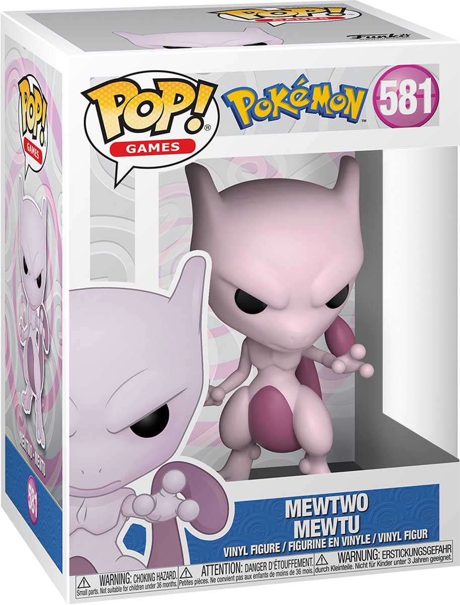 Funko Pop figure of Mewtwo in a box. The figure is purple with a white box.