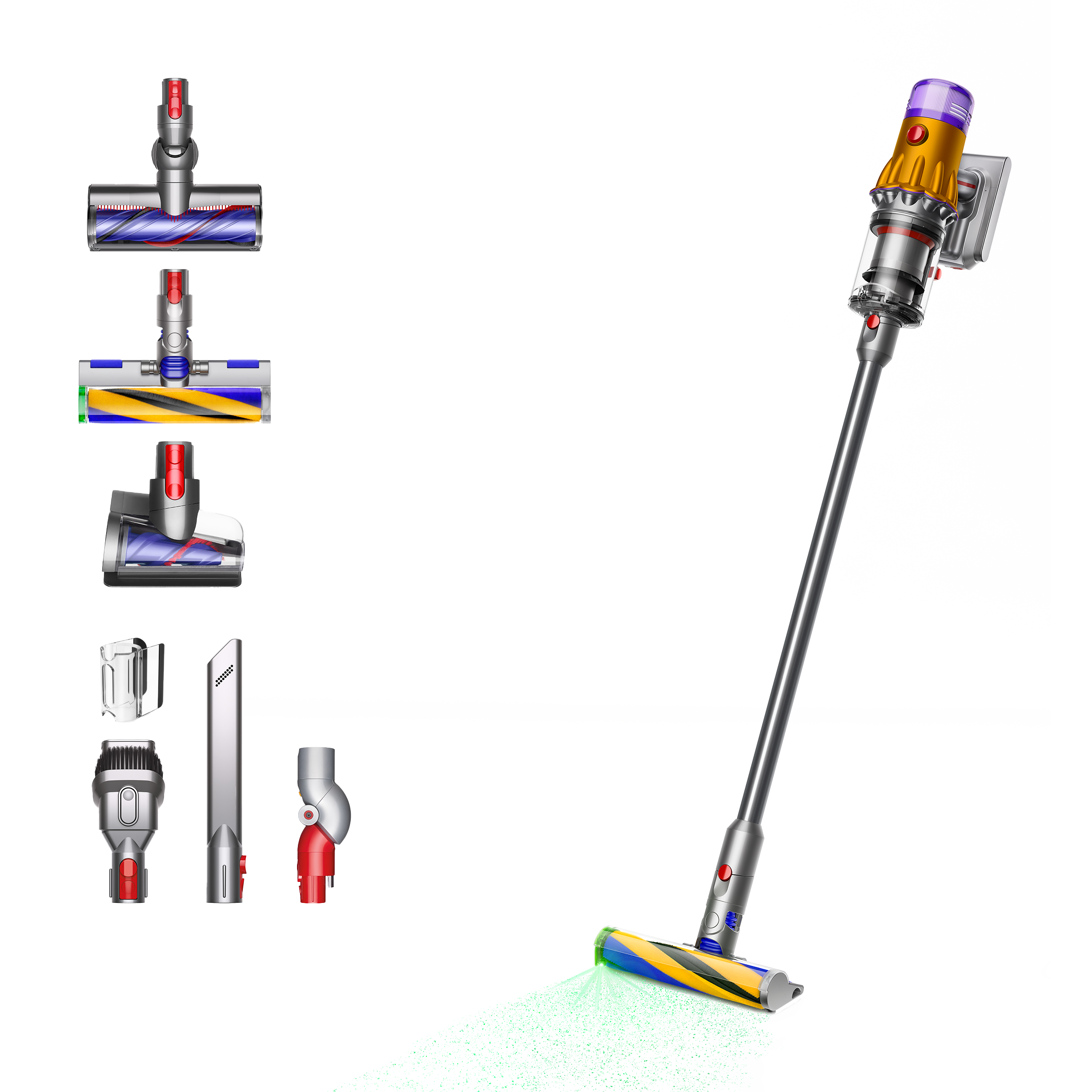 Dyson V15 Detect Staubsauger und Aufsätze. Der Staubsauger ist aufrecht mit mehreren Aufsätzen dargestellt.