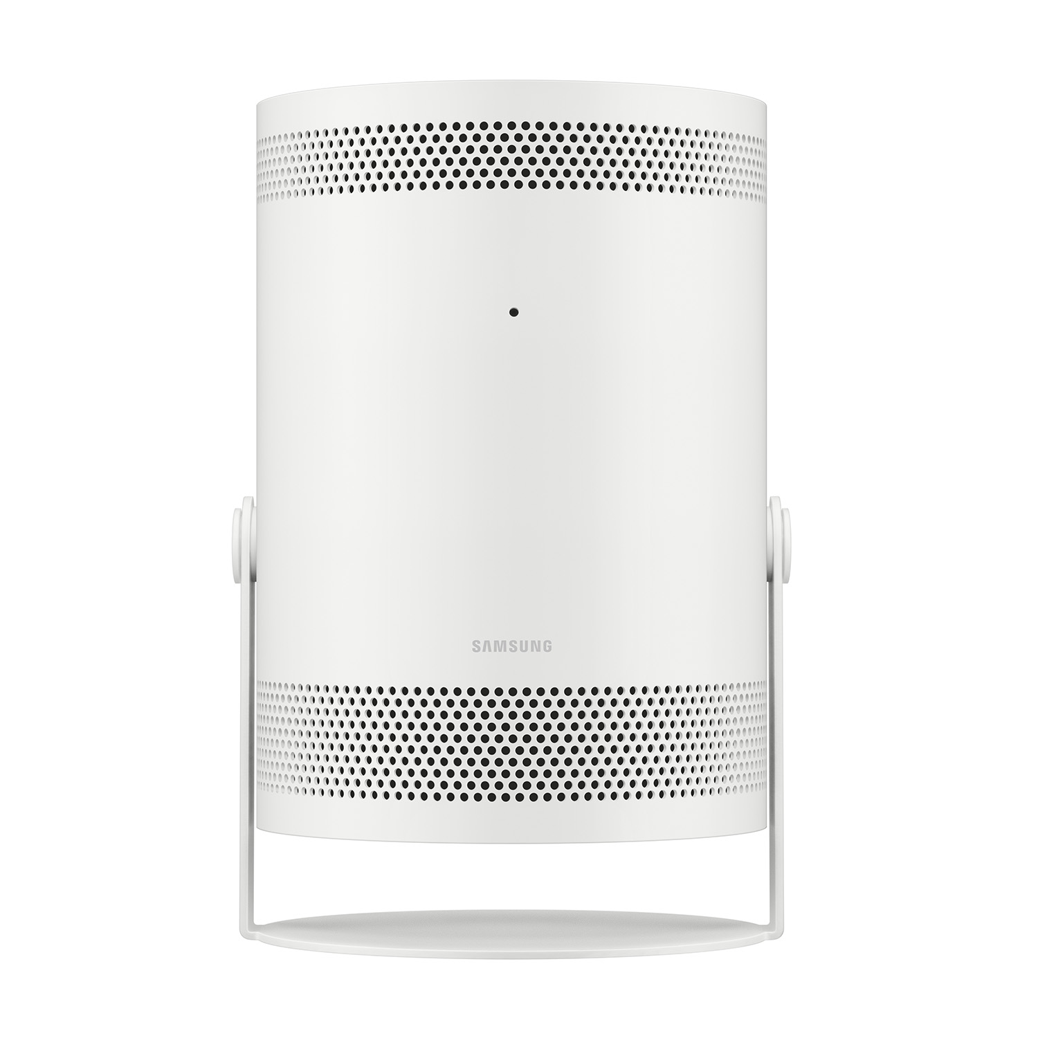 Proiettore Samsung cilindrico bianco con supporto e prese d'aria.