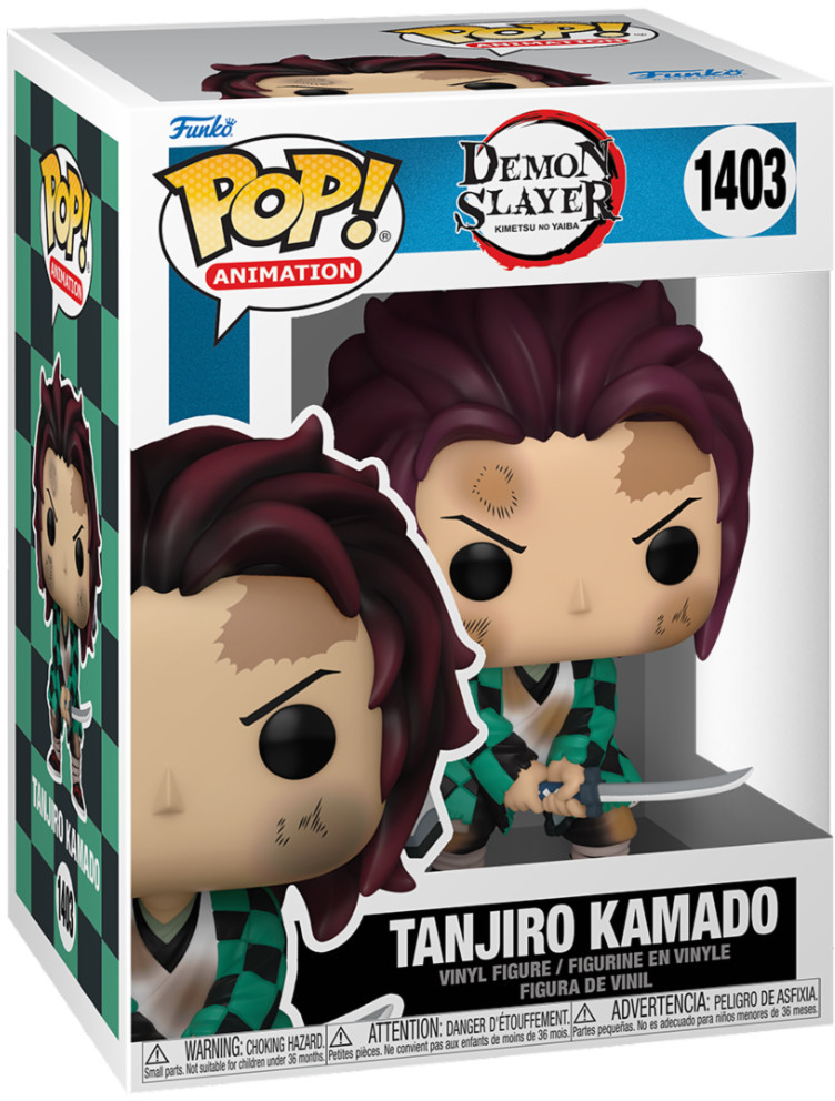 Funko Pop! doos van Tanjiro Kamado van Demon Slayer. Het figuur heeft een groen en zwart outfit.