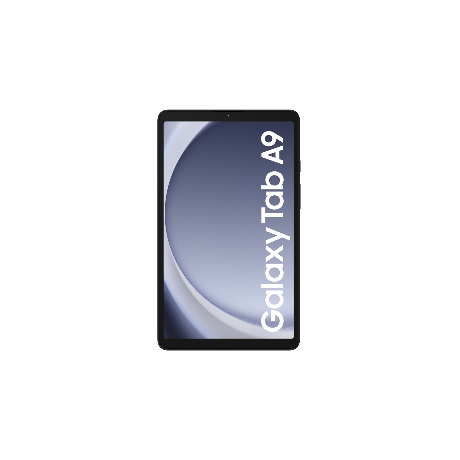 Zwarte Galaxy Tab A9 tablet met een zilveren scherm met het Galaxy Tab A9 logo.