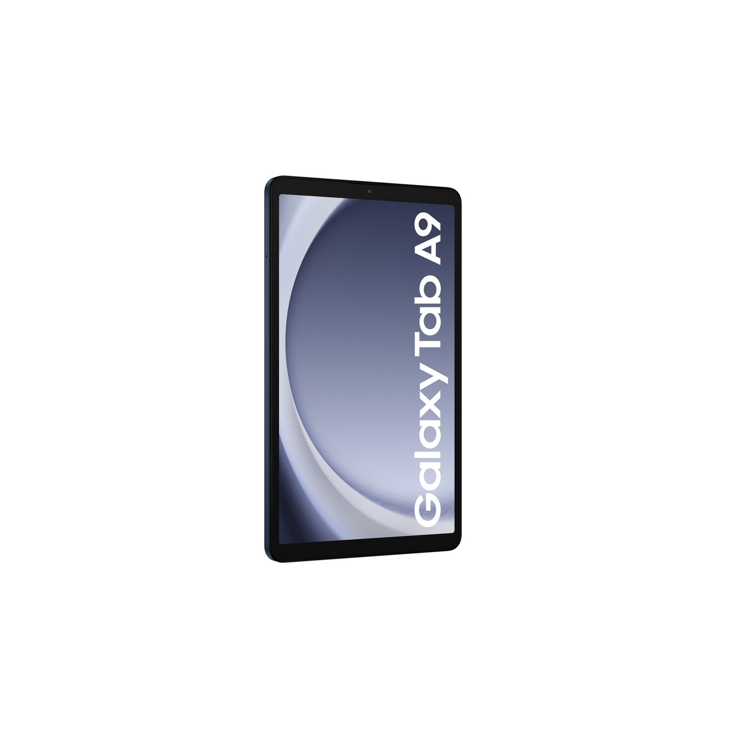 Blauwe en zwarte Galaxy Tab A9 tablet rechtopstaand tegen een witte achtergrond.