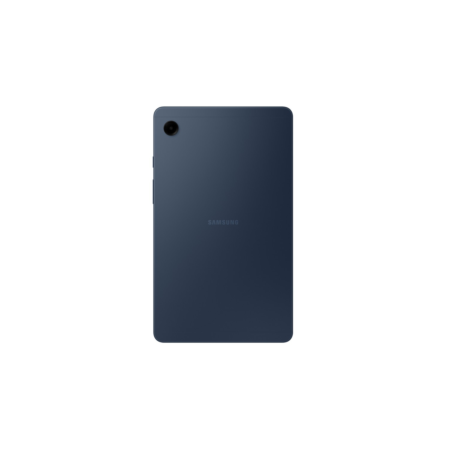 Een donkerblauwe Samsung-tablet, achteraanzicht, met de camera en het SAMSUNG-logo.
