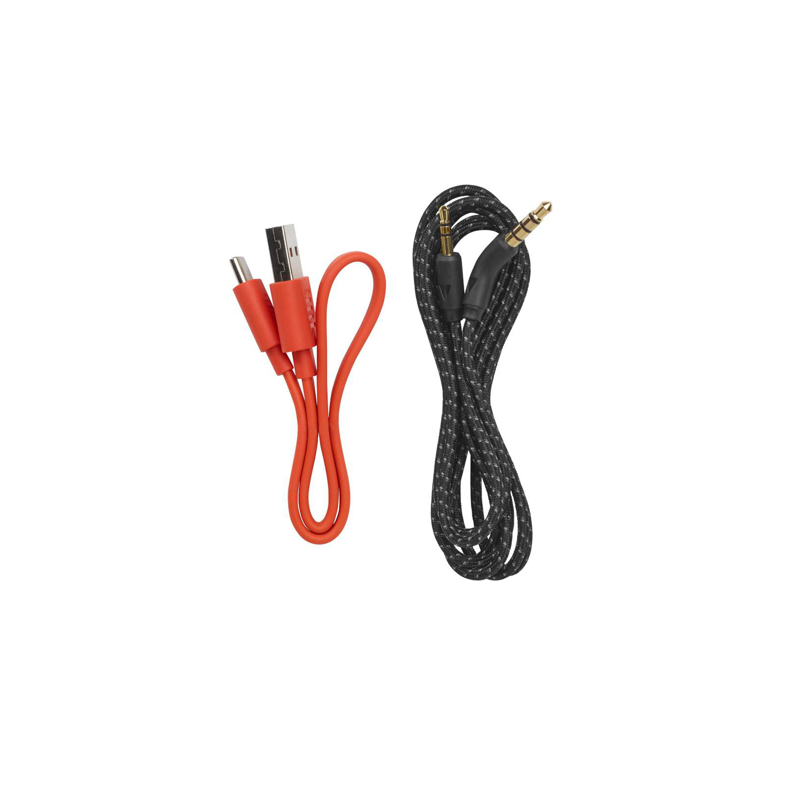 Zwei Kabel: USB-zu-USB-C-orangefarbenes Kabel und 3,5-mm-schwarzes Kabel mit Goldstecker.