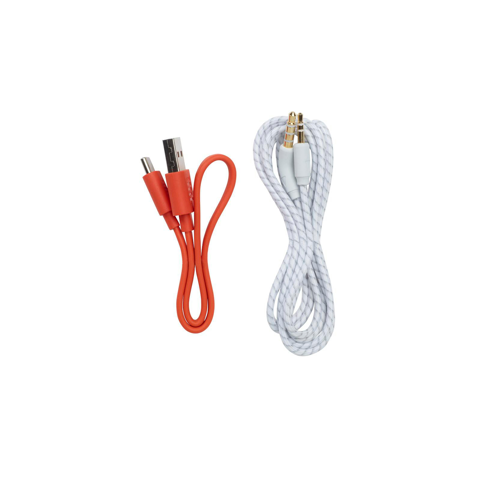 Zwei Ladekabel: eines rot und eines weiß. Eines ist USB, das andere Audio.