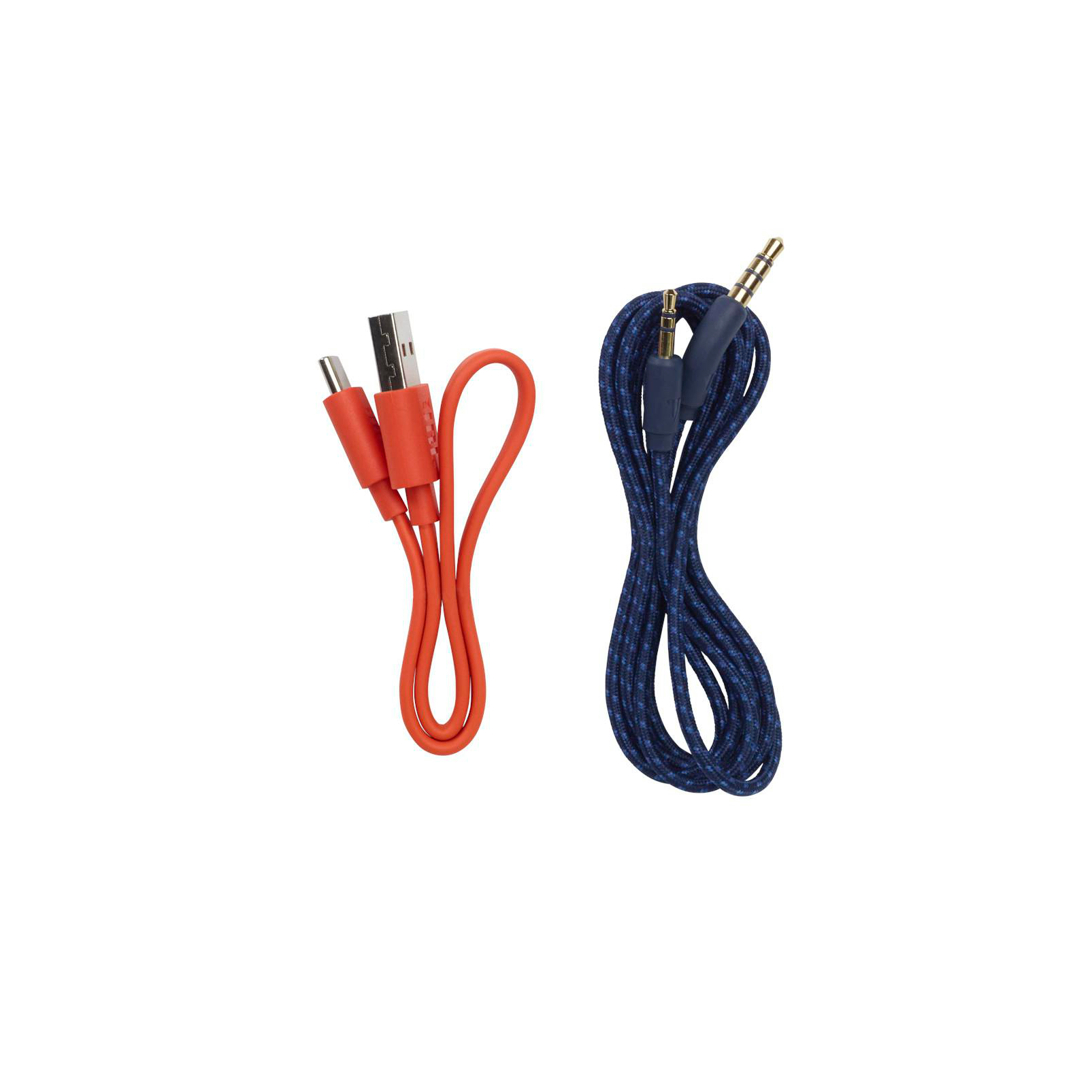 Zwei Kabel: ein oranges USB-Kabel und ein blaues Kabel mit 3,5-mm-Klinkenstecker.