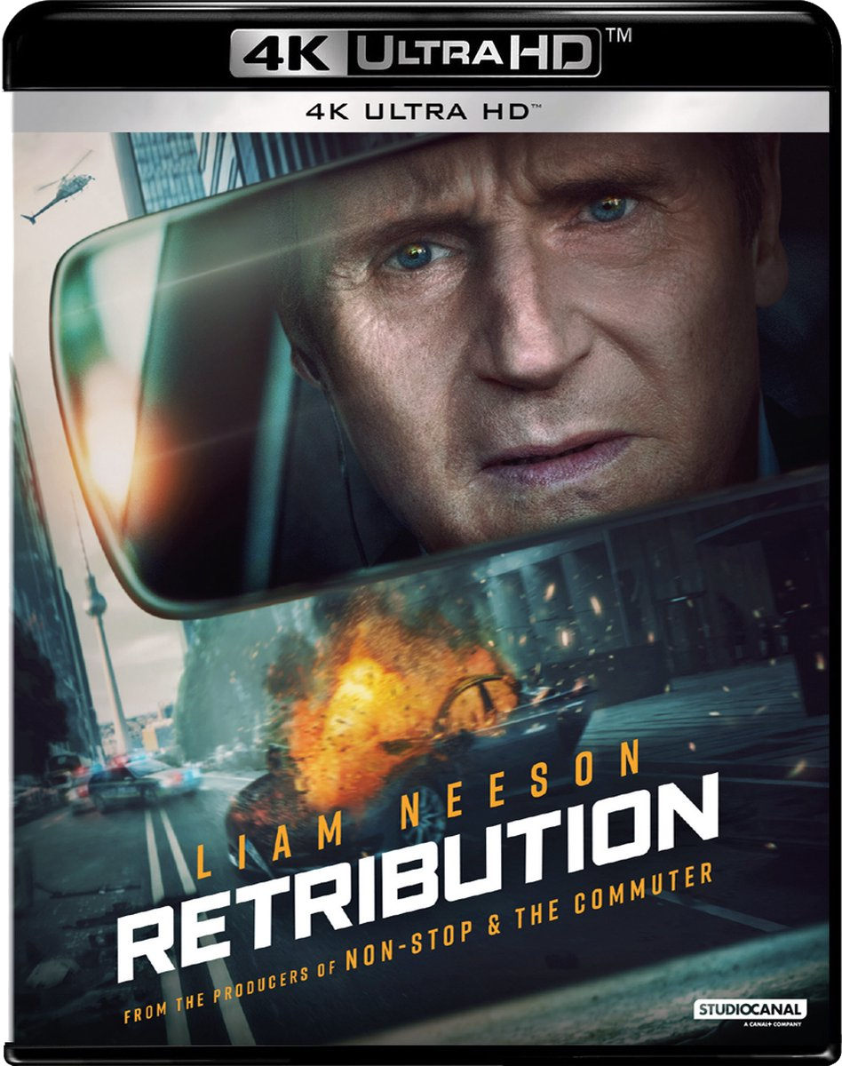 Couverture de film. Visage de Liam Neeson dans un rétroviseur, avec des flammes et du texte.