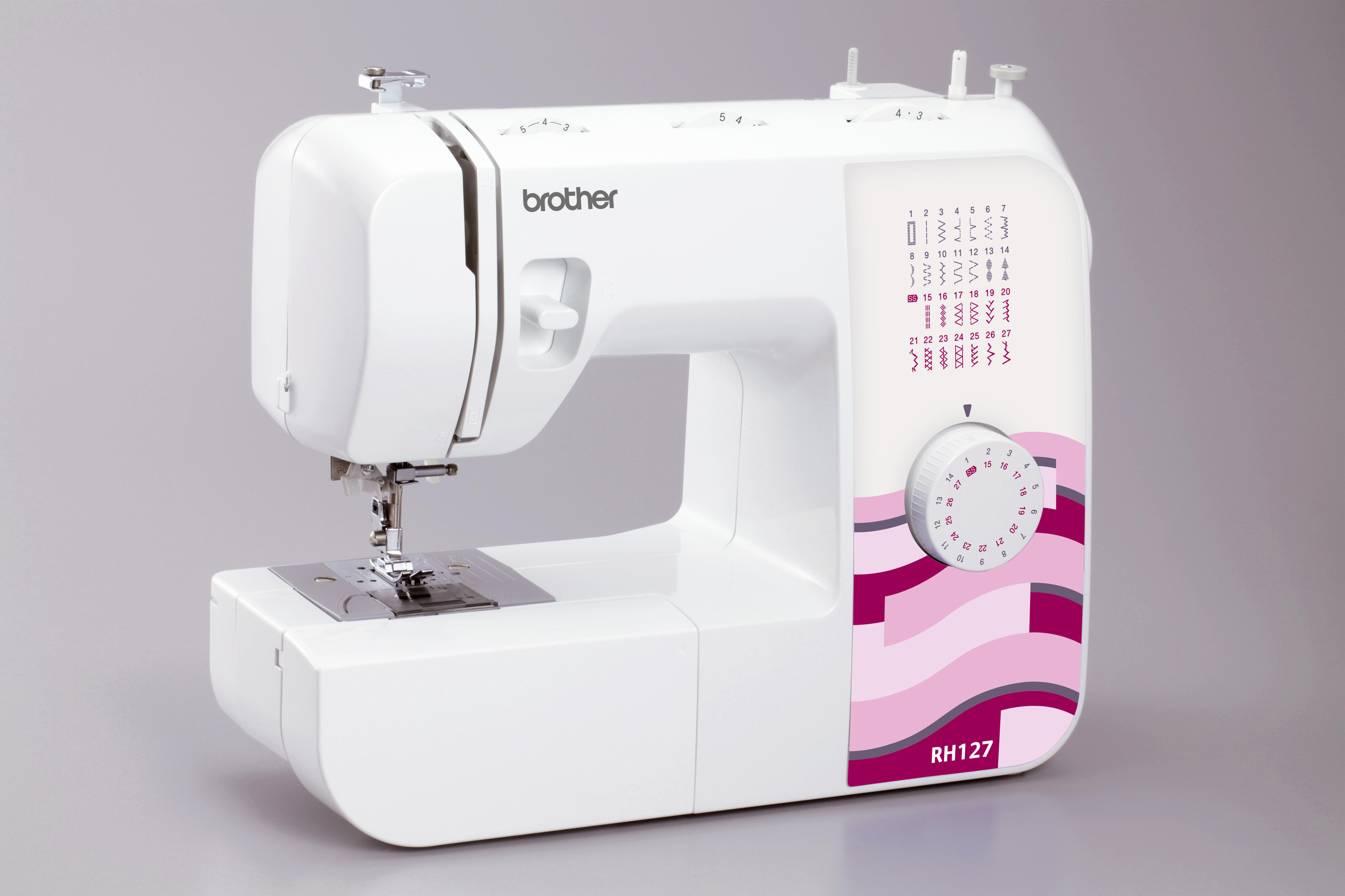 Weiße Brother Nähmaschine RH127 mit Musterauswahl und Einstellrad.