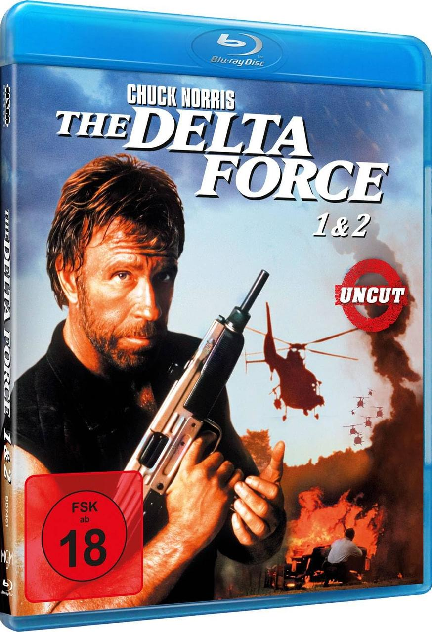 DVD-Cover von The Delta Force 1&2. Chuck Norris hält eine Waffe. Hubschrauber und Feuer im Hintergrund.