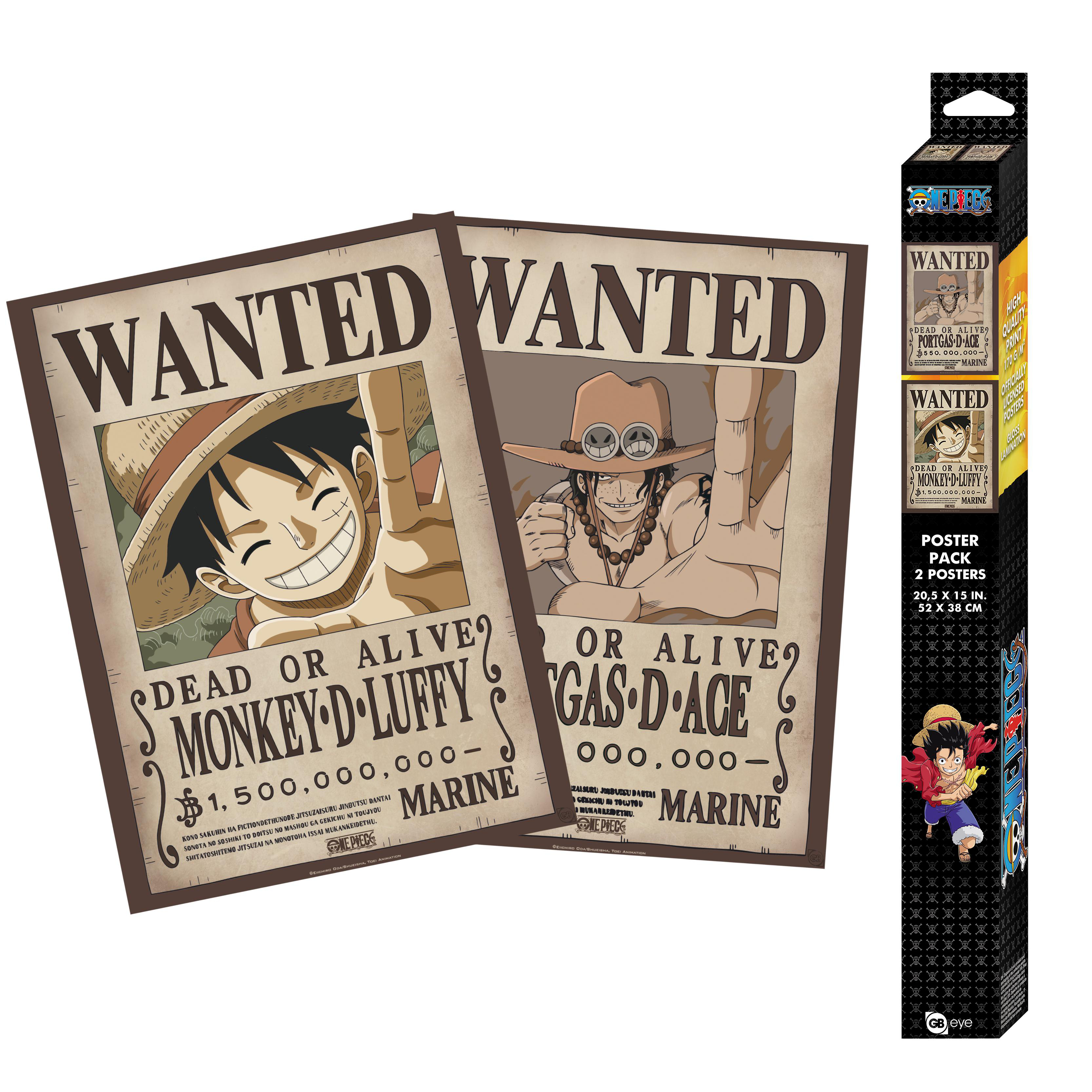 Zwei WANTED-Poster, eines mit Luffy, das andere mit Ace. Ein Poster-Pack auf der rechten Seite.